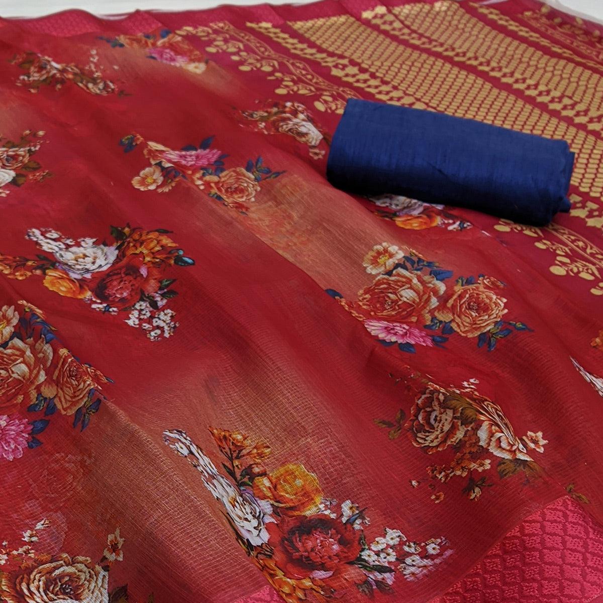 Maroon Festive Wear Floral Digital Printed With Woven Border Soft Cotton Saree - Peachmode