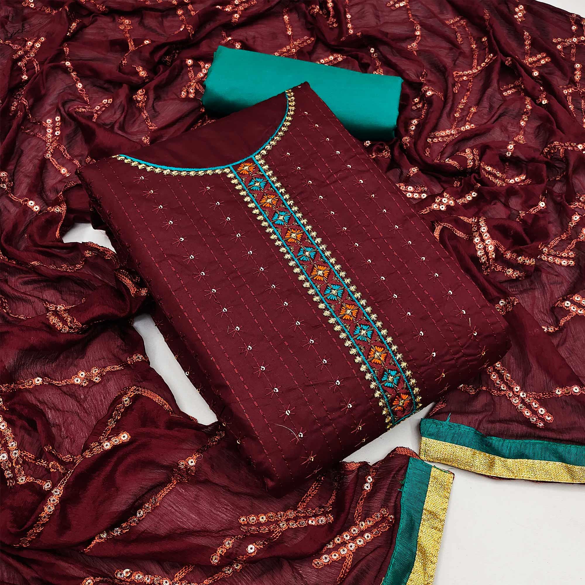 Maroon Festive Wear Floral Embroidered Cotton Dress Material - Peachmode