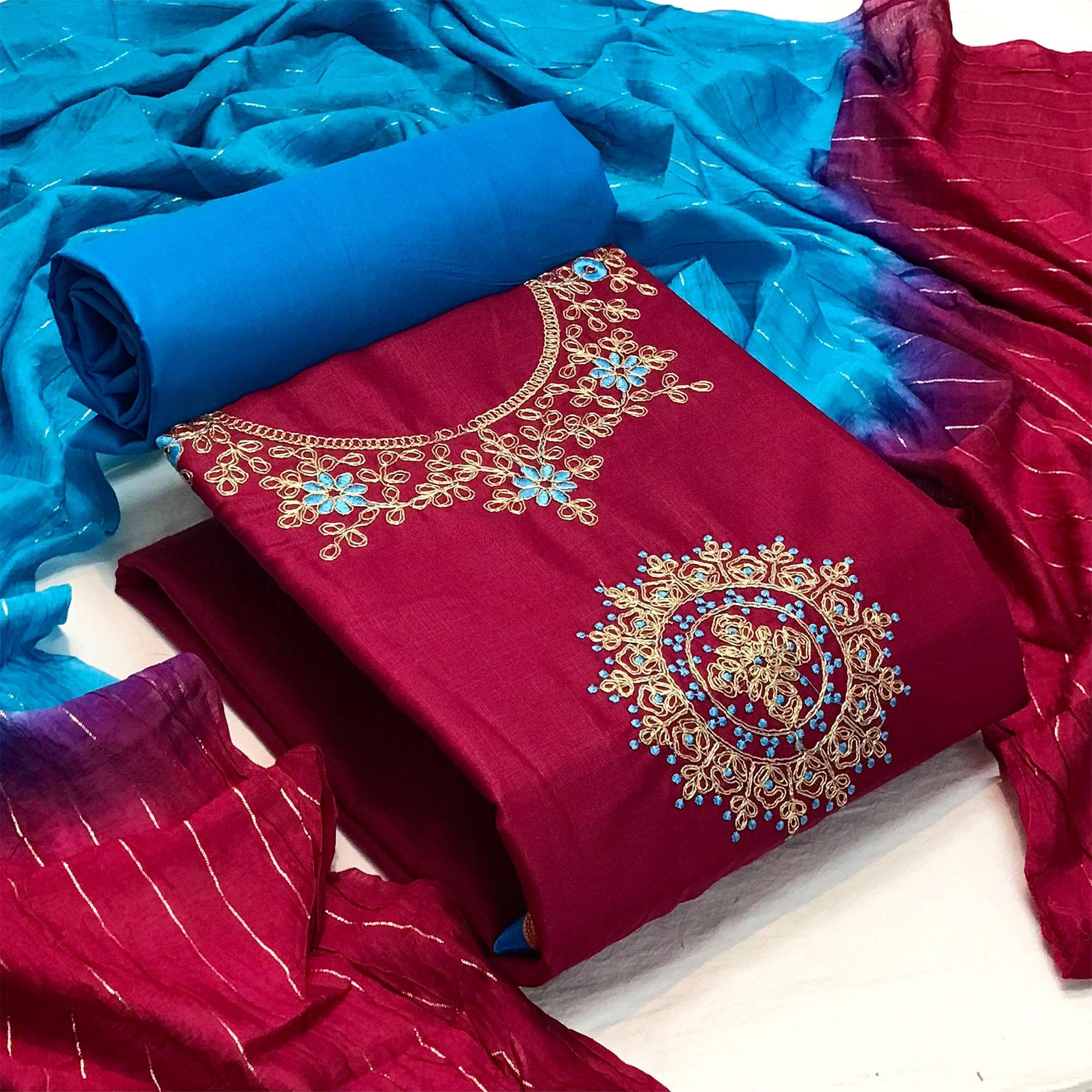 Maroon Festive Wear Floral Embroidered Cotton Dress Material - Peachmode