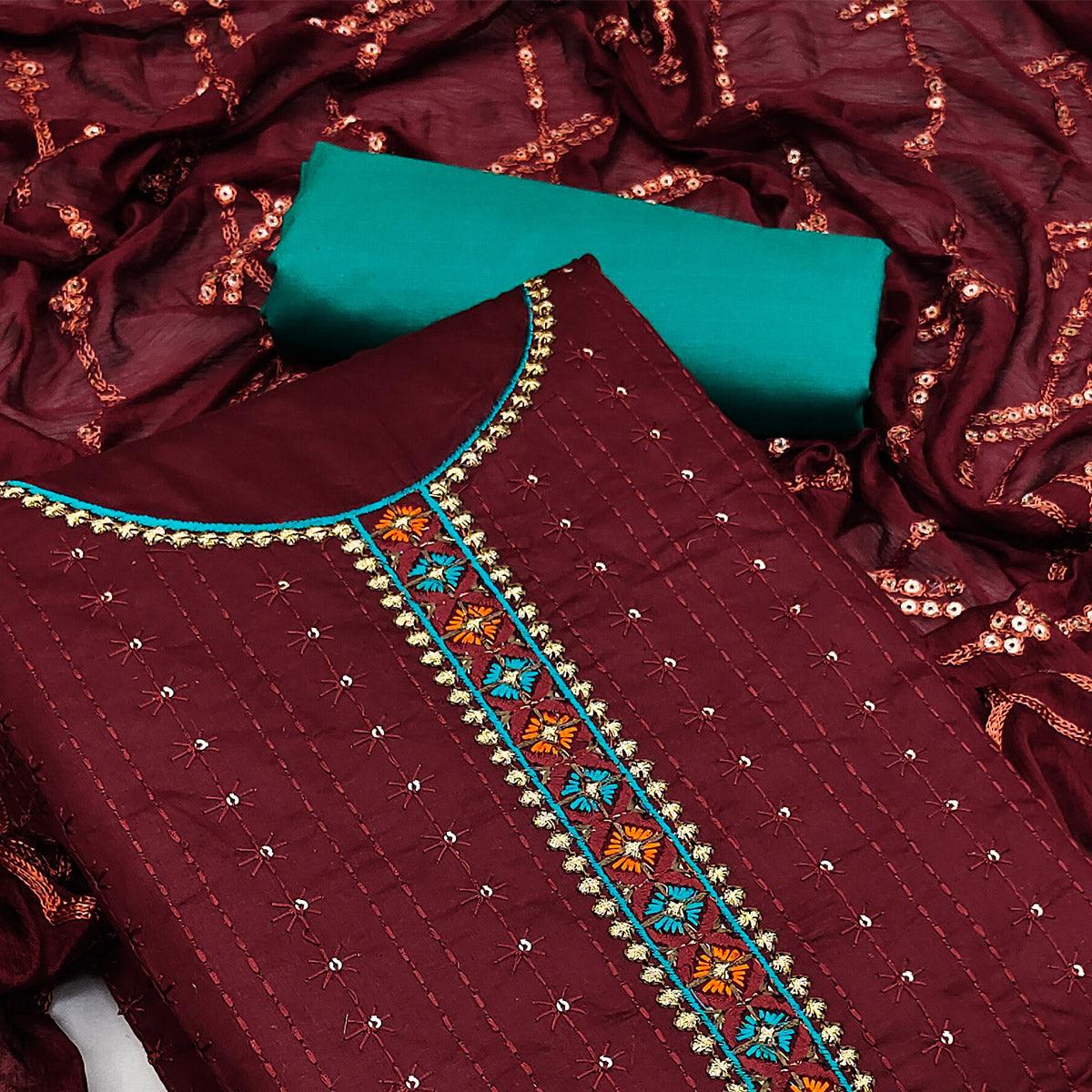 Maroon Festive Wear Floral Embroidered Cotton Dress Material - Peachmode