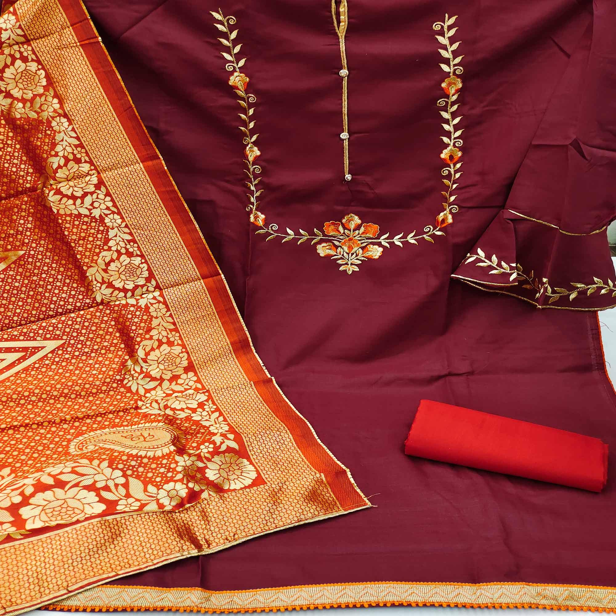 Maroon Festive Wear Floral Embroidered Cotton Dress Material - Peachmode