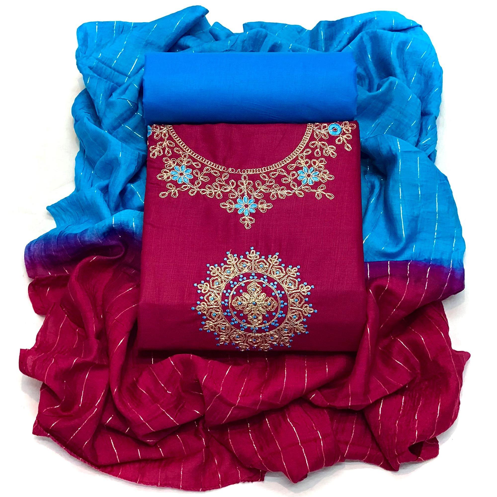 Maroon Festive Wear Floral Embroidered Cotton Dress Material - Peachmode