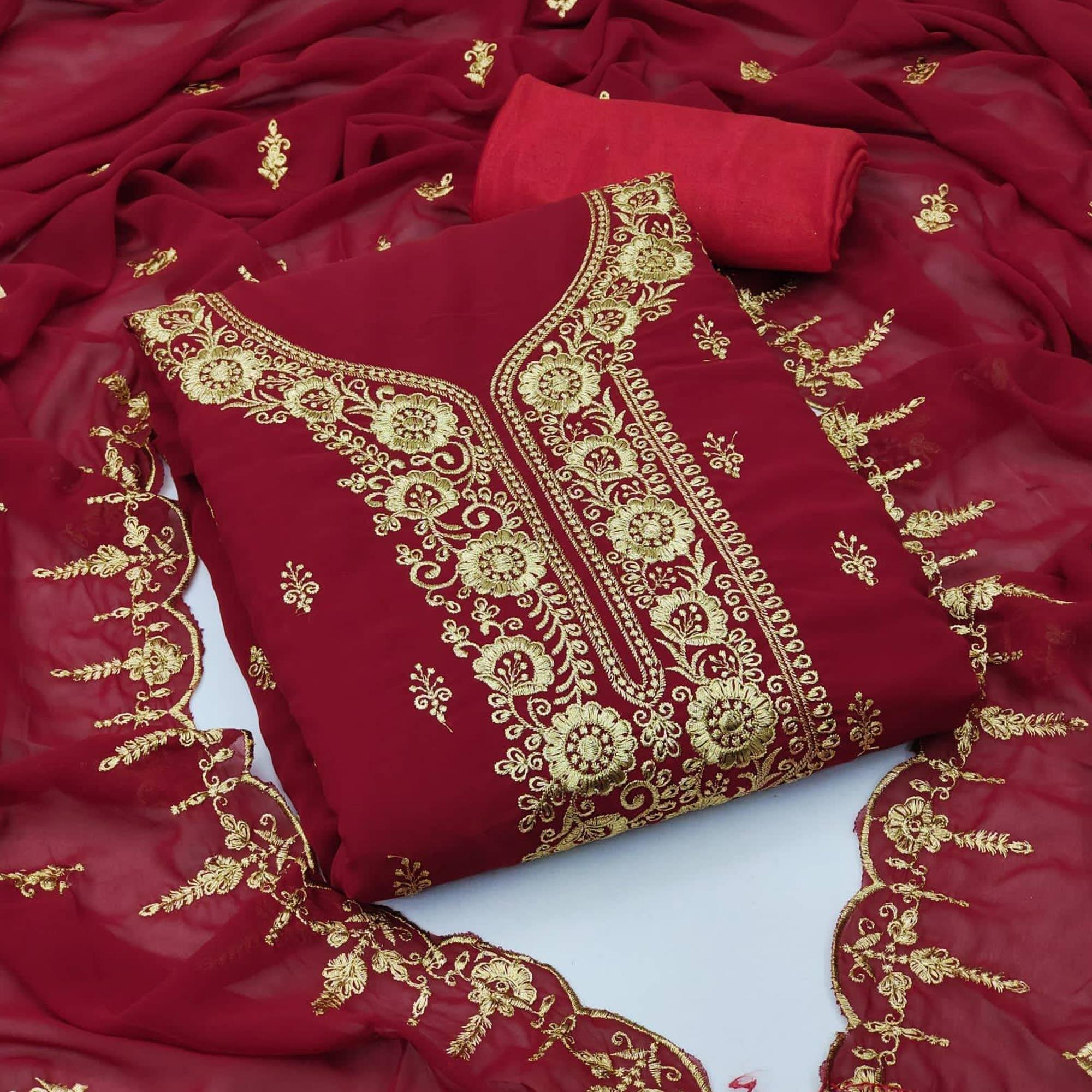 Maroon Festive Wear Floral Embroidered Georgette Dress Material - Peachmode