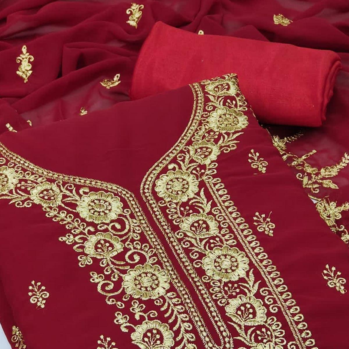Maroon Festive Wear Floral Embroidered Georgette Dress Material - Peachmode