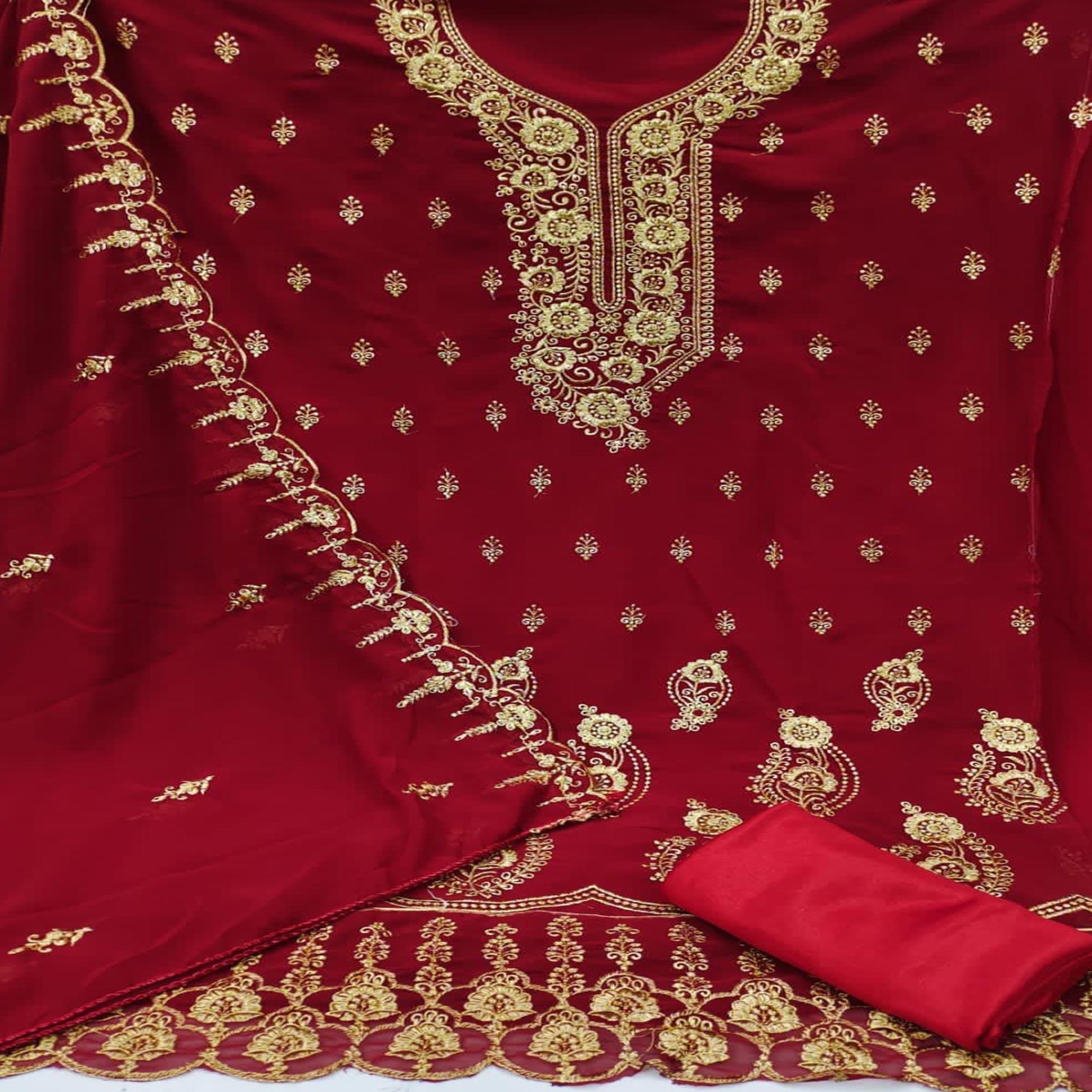 Maroon Festive Wear Floral Embroidered Georgette Dress Material - Peachmode