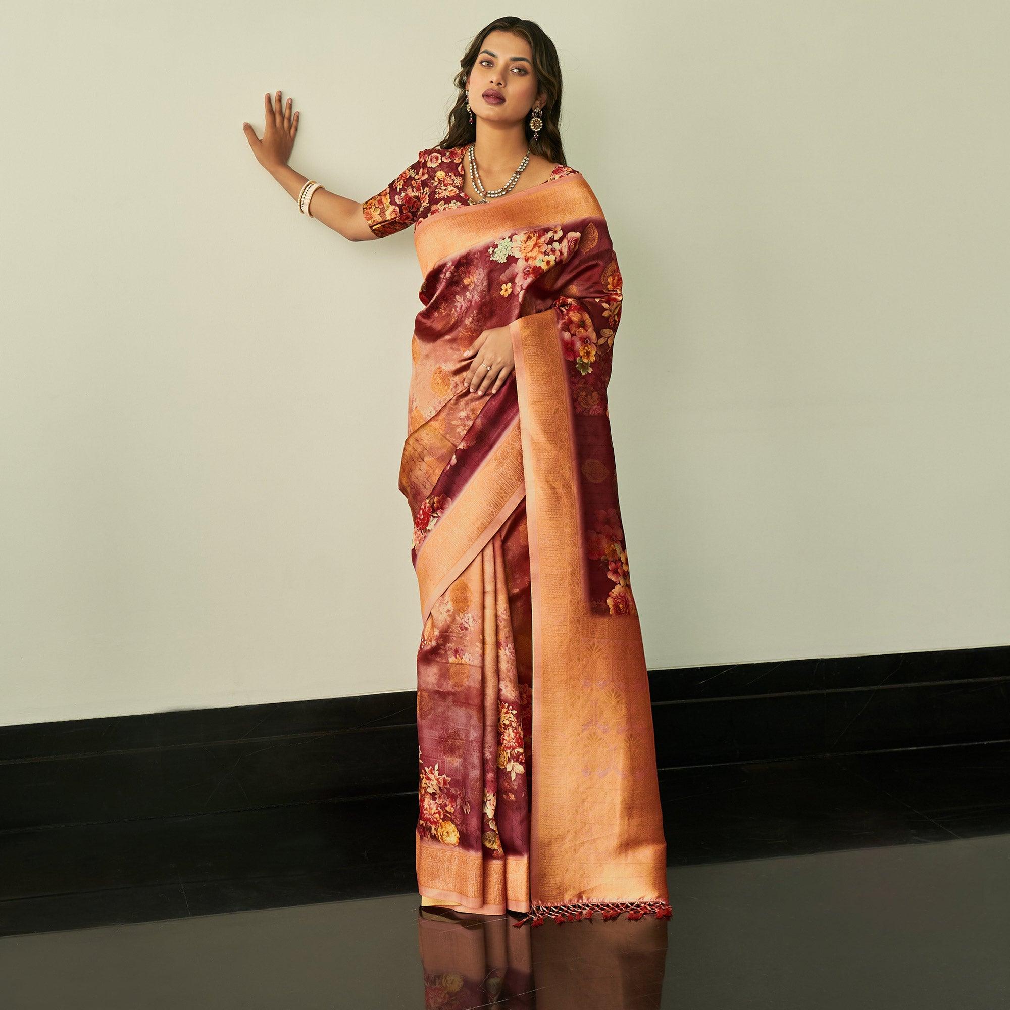 Maroon Festive Wear Floral Printed Silk Saree With Woven Border - Peachmode