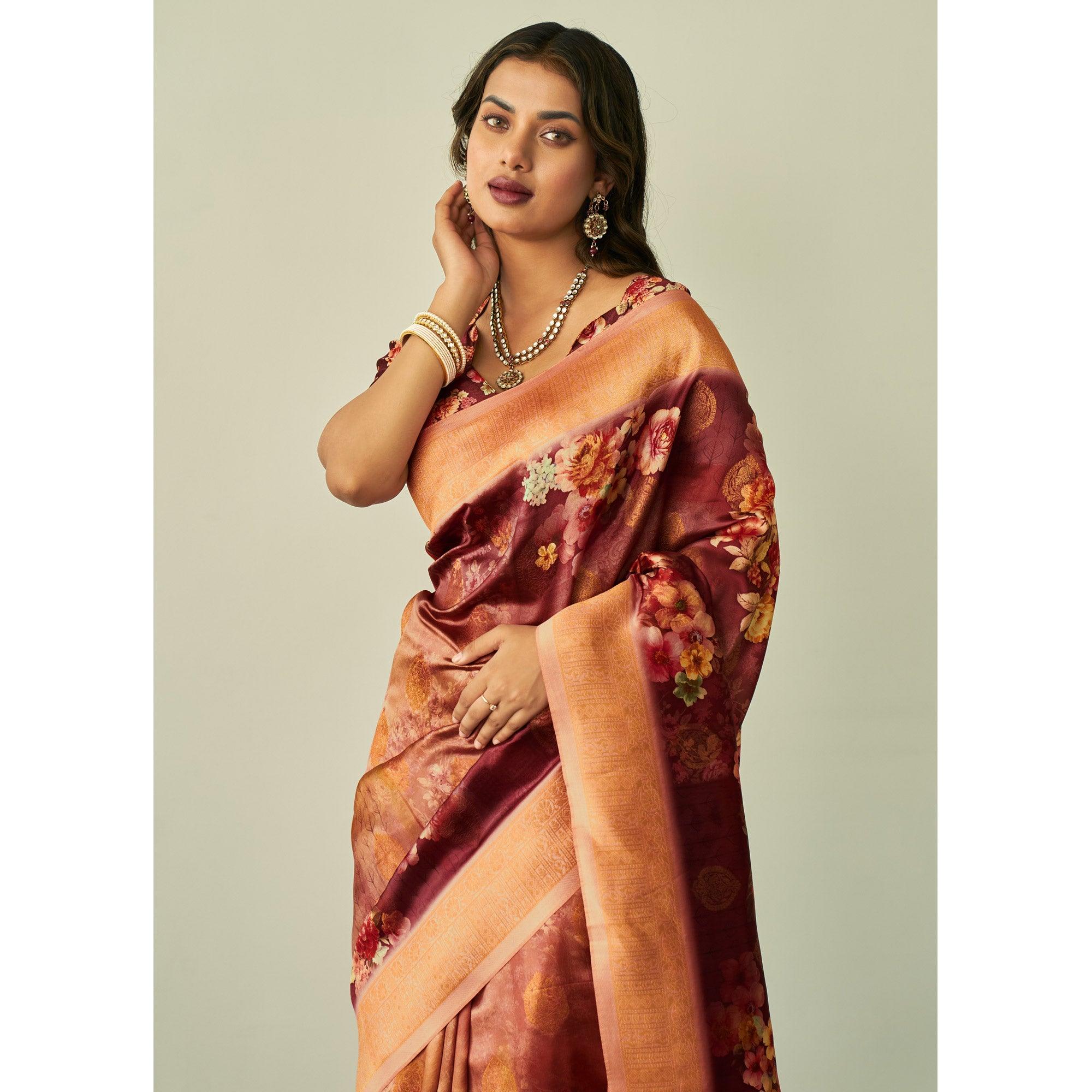 Maroon Festive Wear Floral Printed Silk Saree With Woven Border - Peachmode