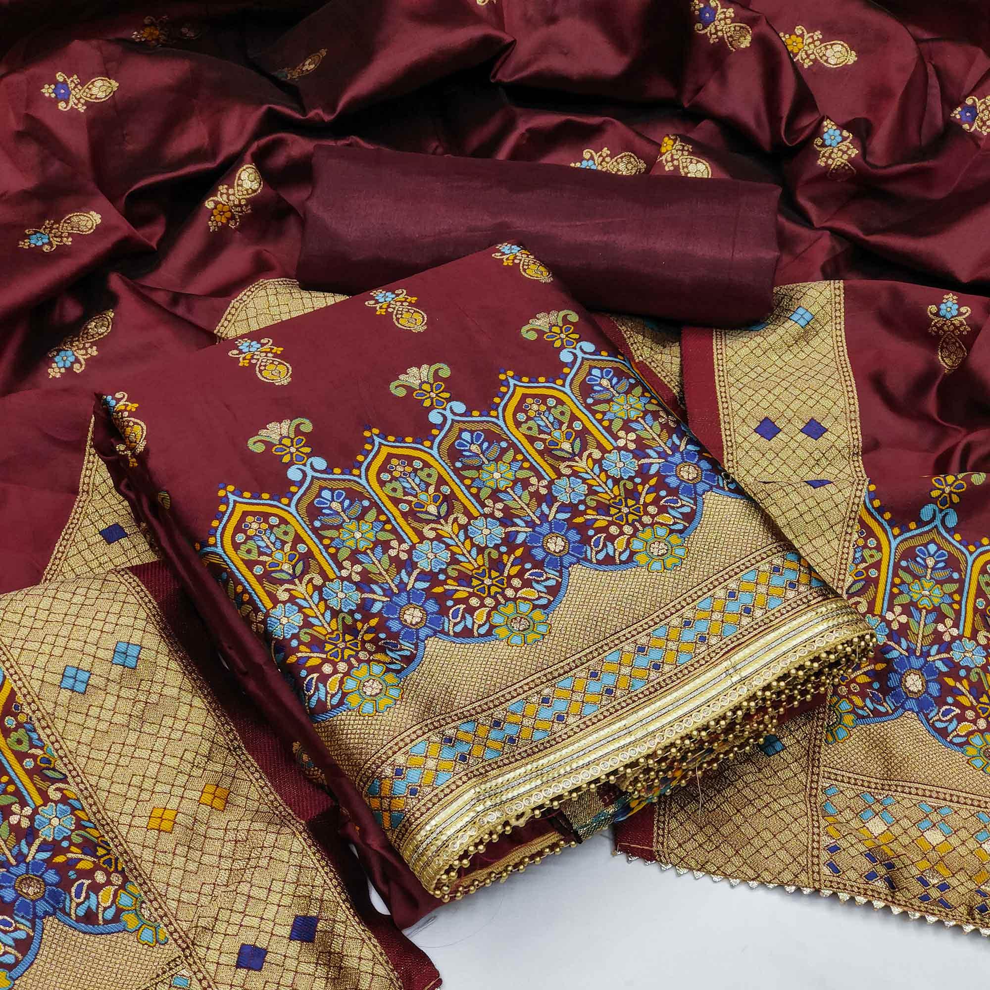 Maroon Festive Wear Floral Woven Banarasi Silk Jacquard Dress Material - Peachmode