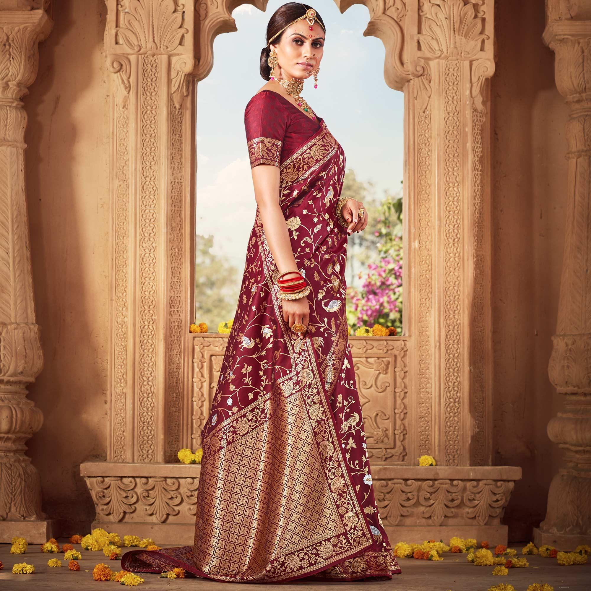 Maroon Festive Wear Floral Woven Banarasi Silk Saree - Peachmode