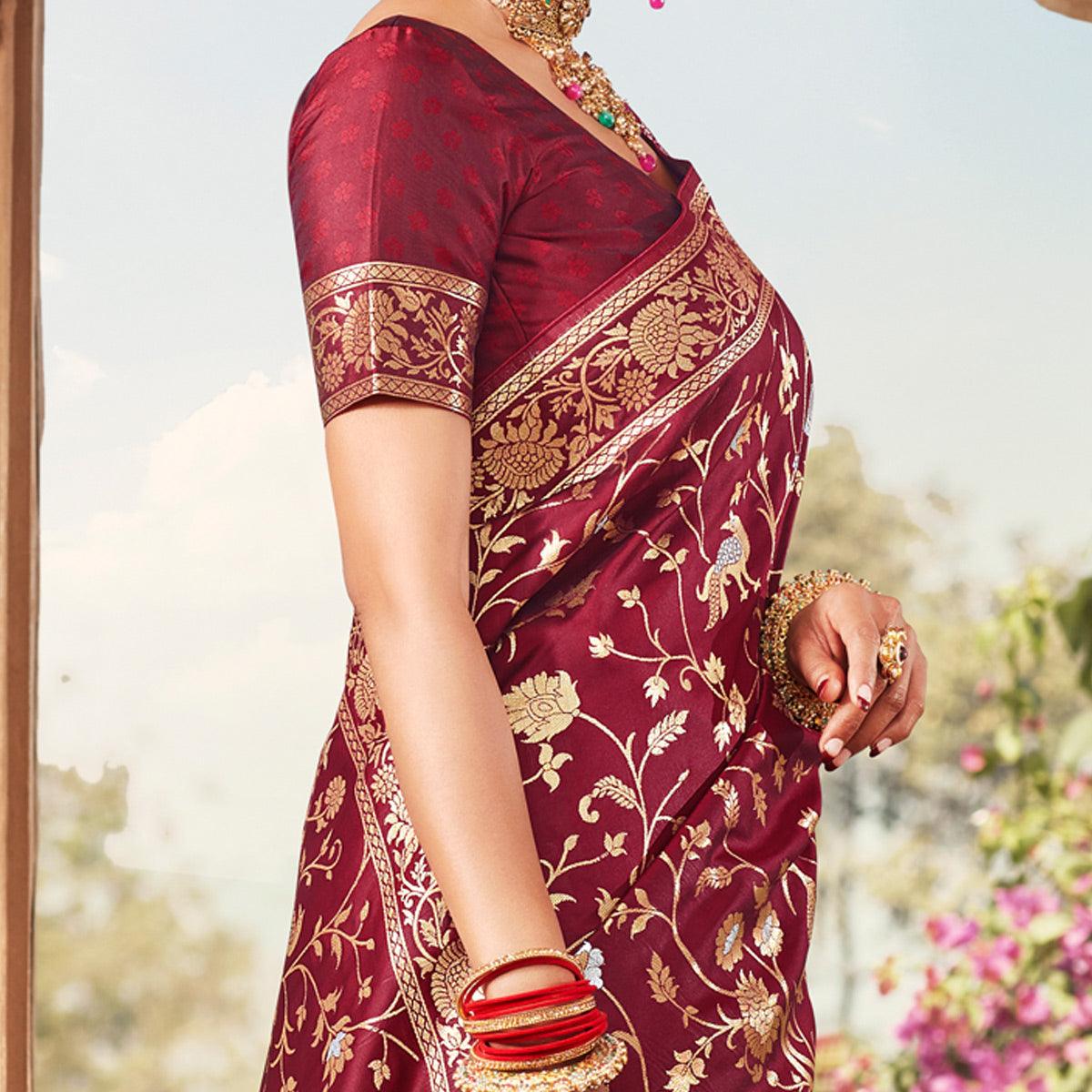 Maroon Festive Wear Floral Woven Banarasi Silk Saree - Peachmode
