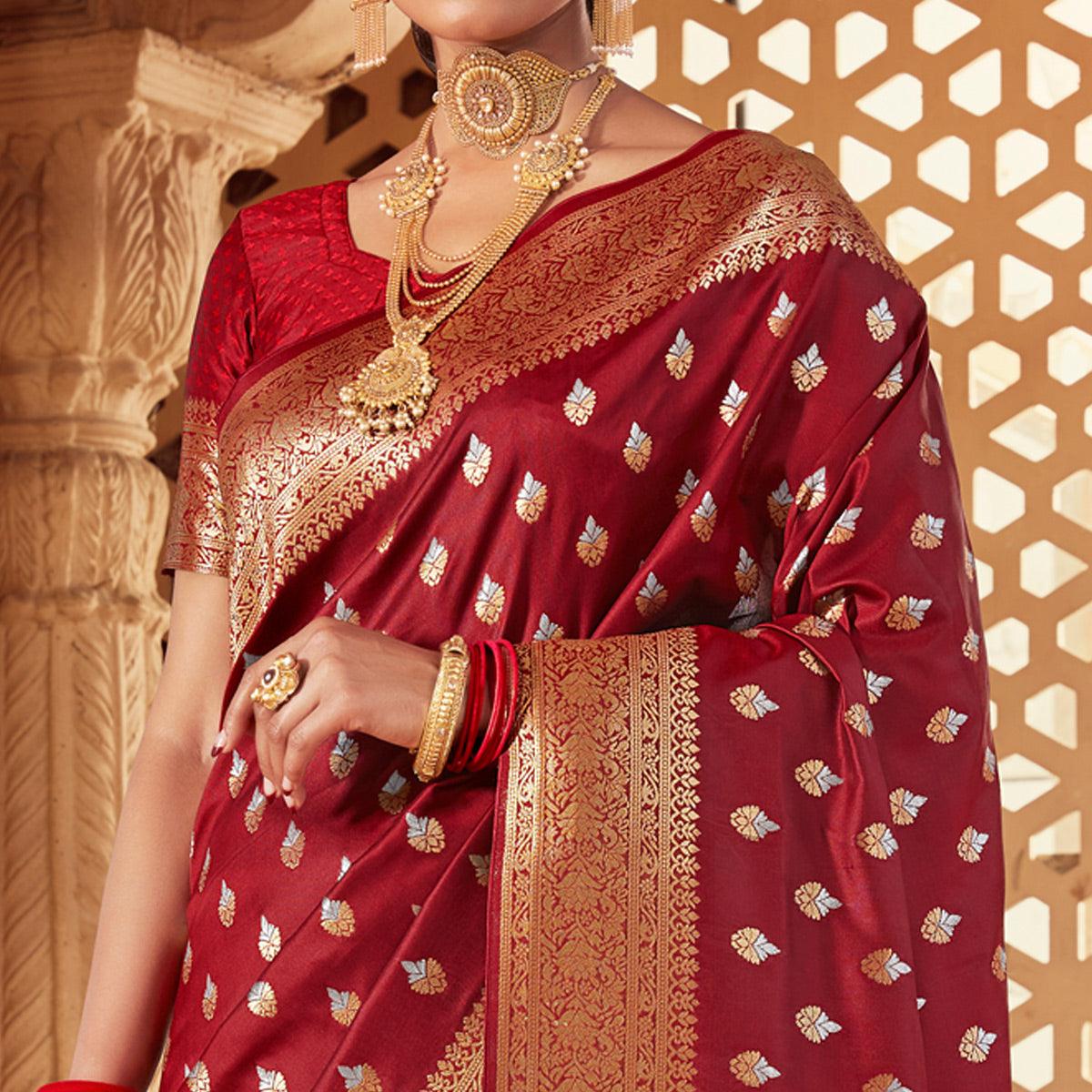 Maroon Festive Wear Floral Woven Banarasi Silk Saree - Peachmode