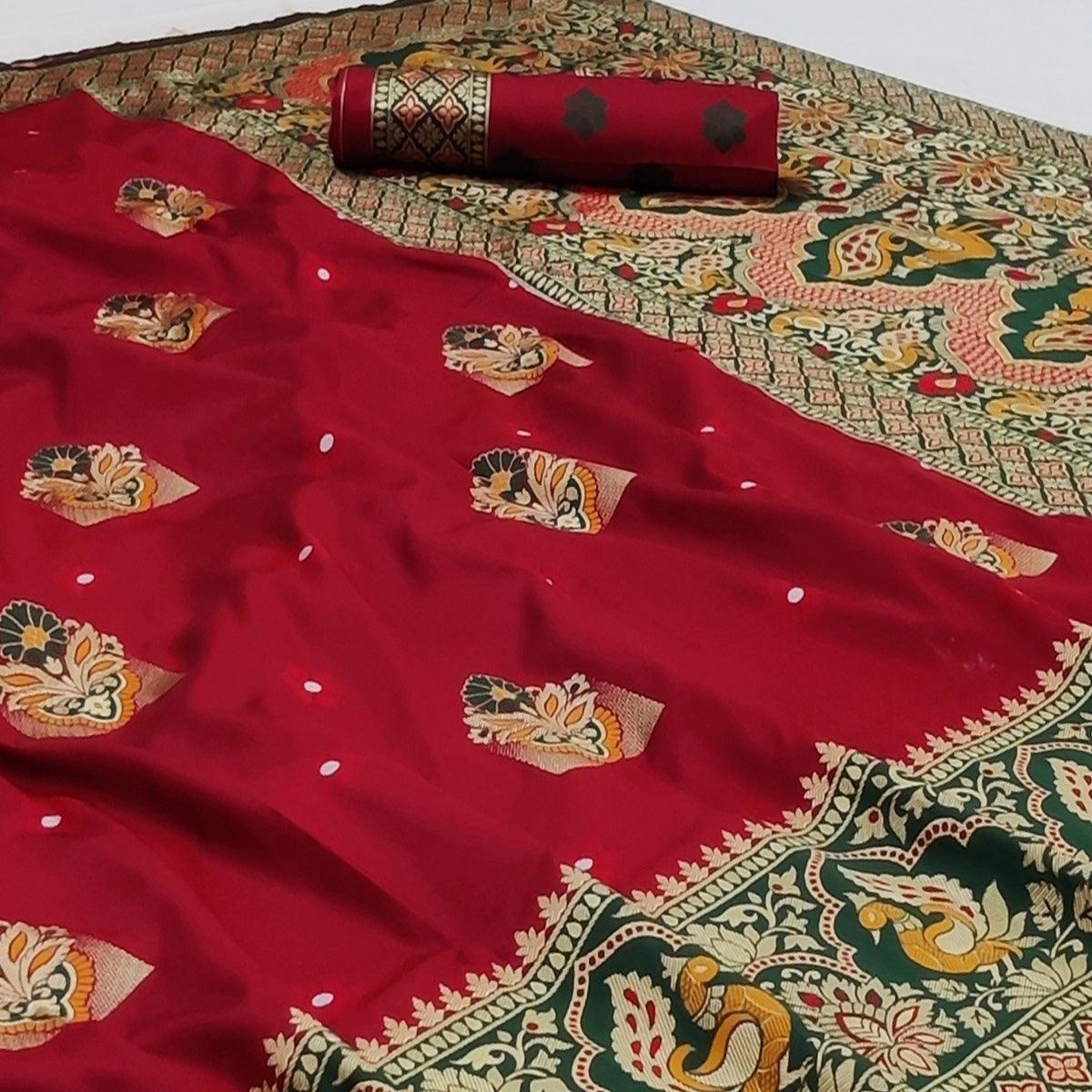 Maroon Festive Wear Floral Woven Designer Soft Silk Banarasi Saree - Peachmode