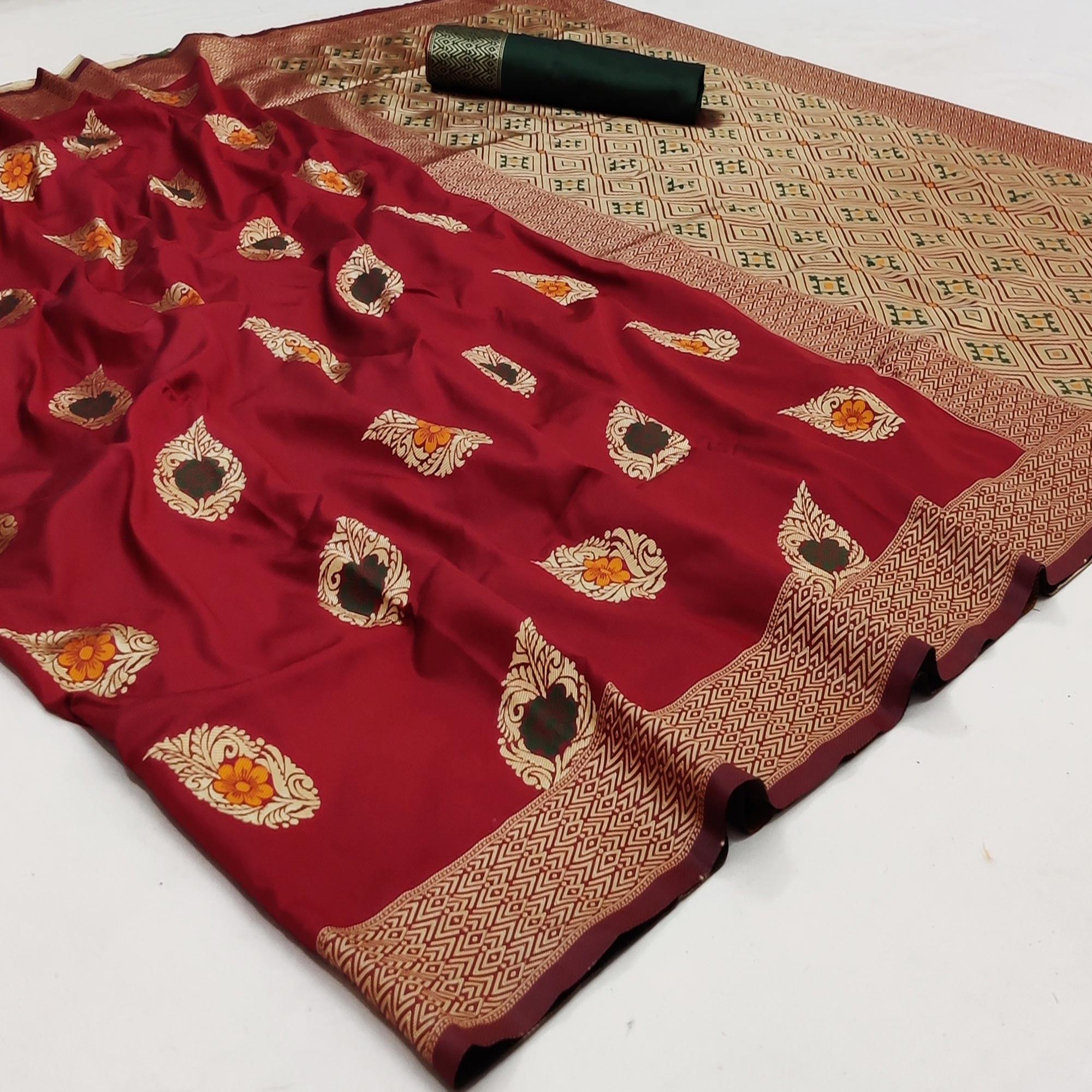 Maroon Festive Wear Floral Woven Soft Silk Banarasi Saree - Peachmode