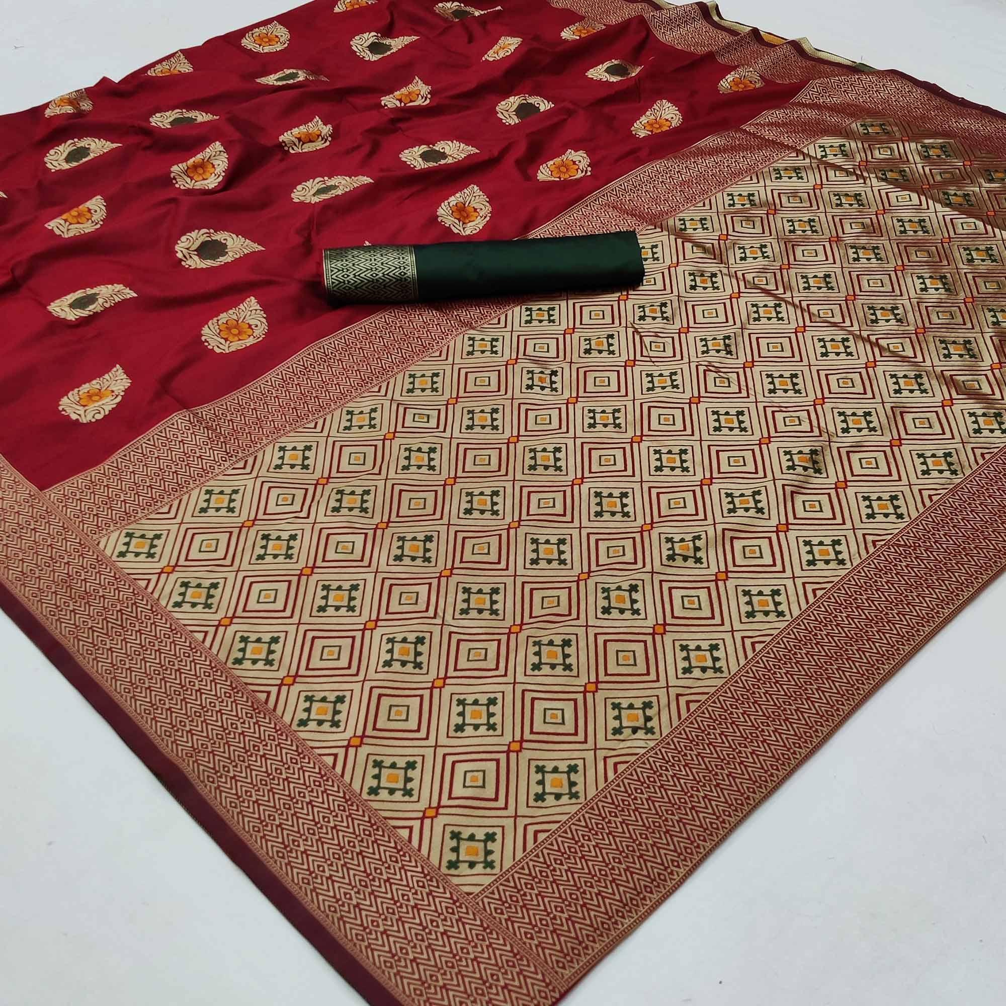 Maroon Festive Wear Floral Woven Soft Silk Banarasi Saree - Peachmode