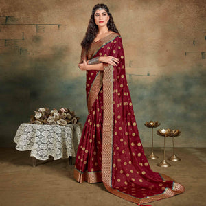 Maroon Festive Wear Foil Work Chiffon Saree With Banarasi Border - Peachmode