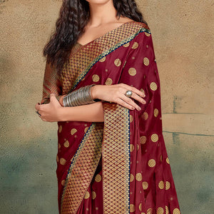 Maroon Festive Wear Foil Work Chiffon Saree With Banarasi Border - Peachmode