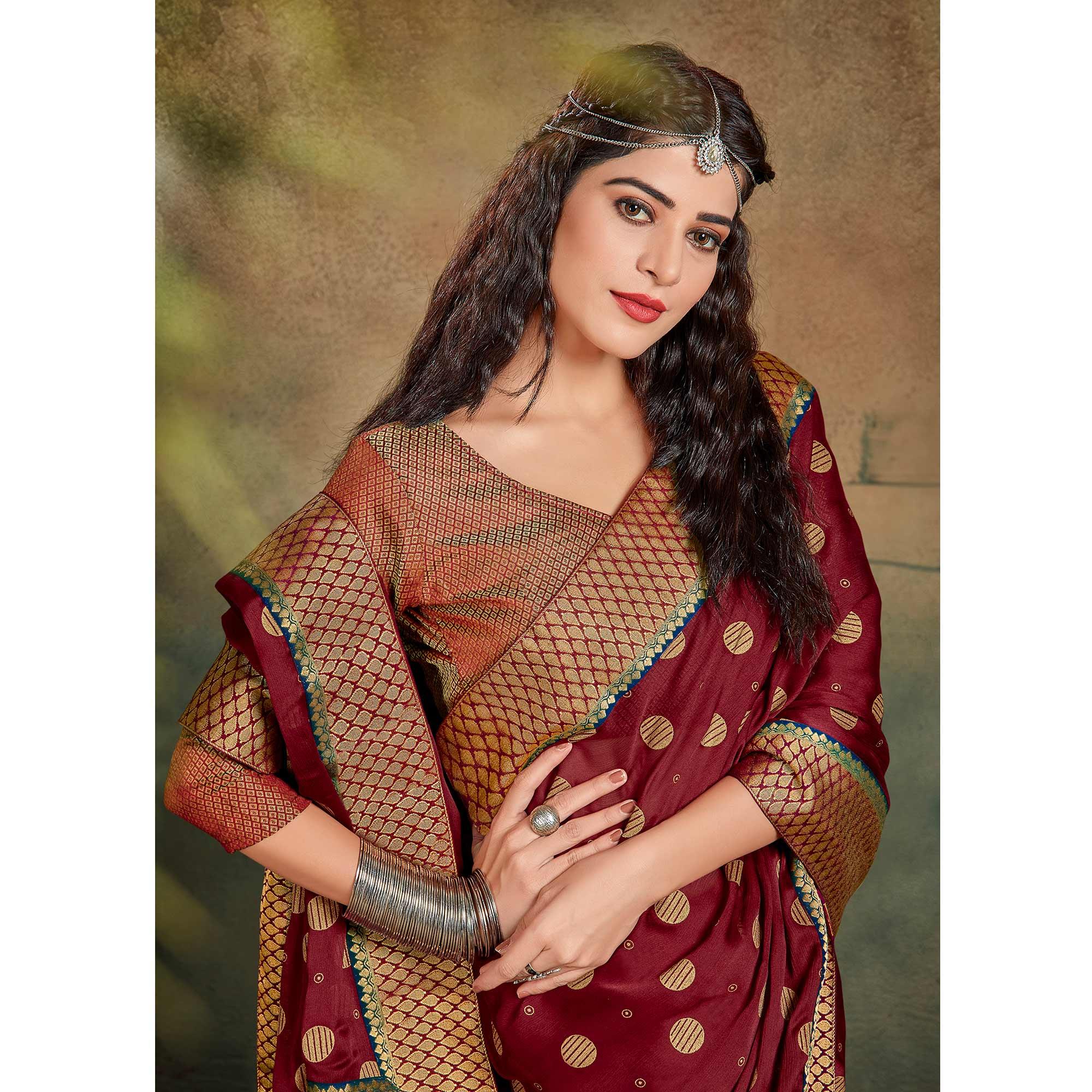 Maroon Festive Wear Foil Work Chiffon Saree With Banarasi Border - Peachmode