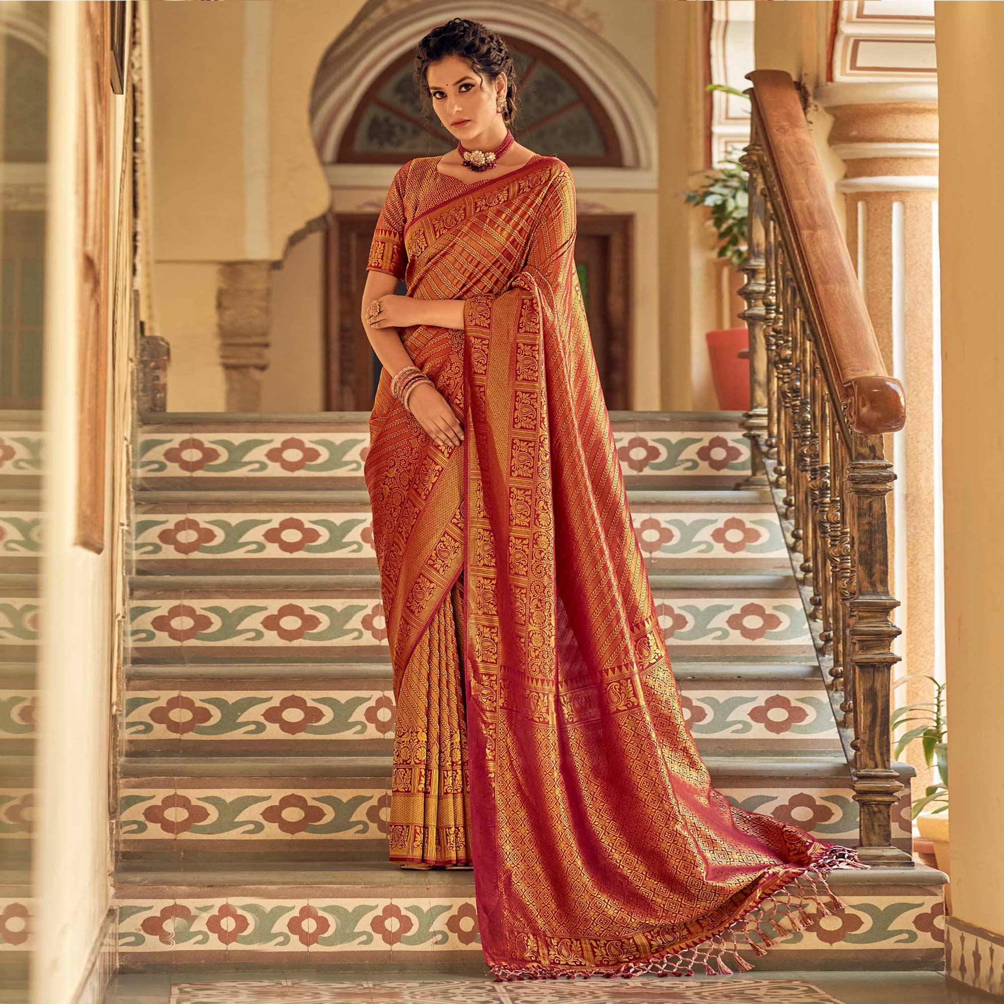 Maroon Festive Wear Kanjivaram Blended Silk Saree With Tassels - Peachmode