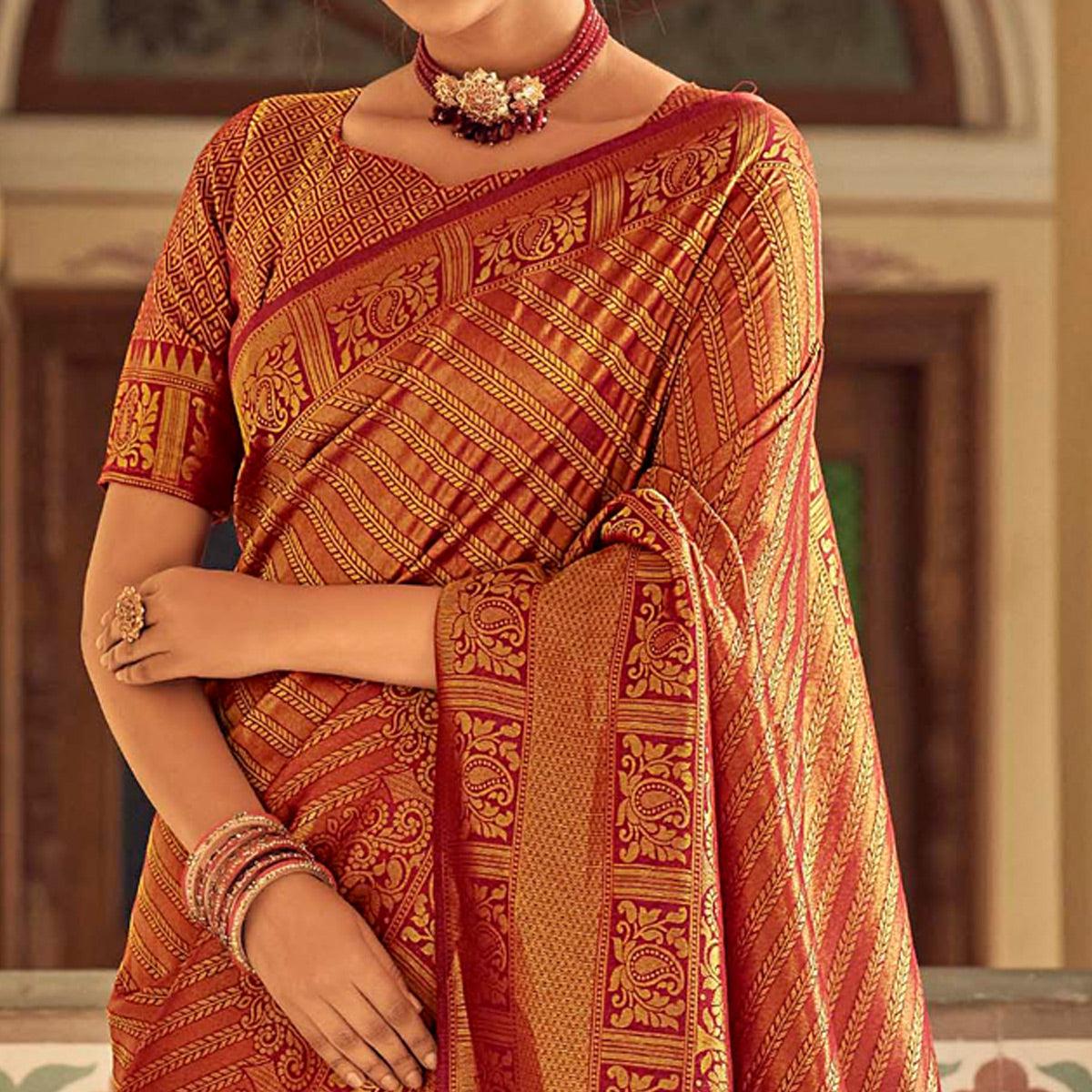 Maroon Festive Wear Kanjivaram Blended Silk Saree With Tassels - Peachmode