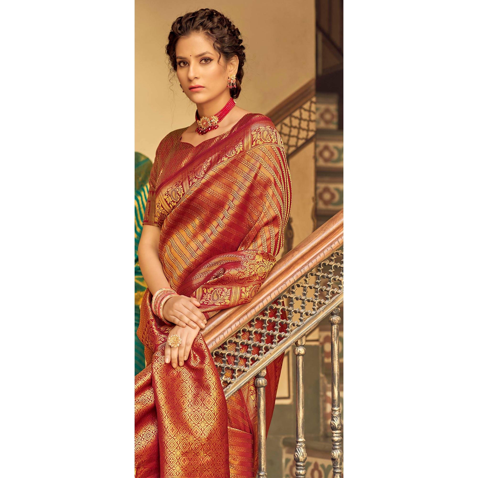 Maroon Festive Wear Kanjivaram Blended Silk Saree With Tassels - Peachmode