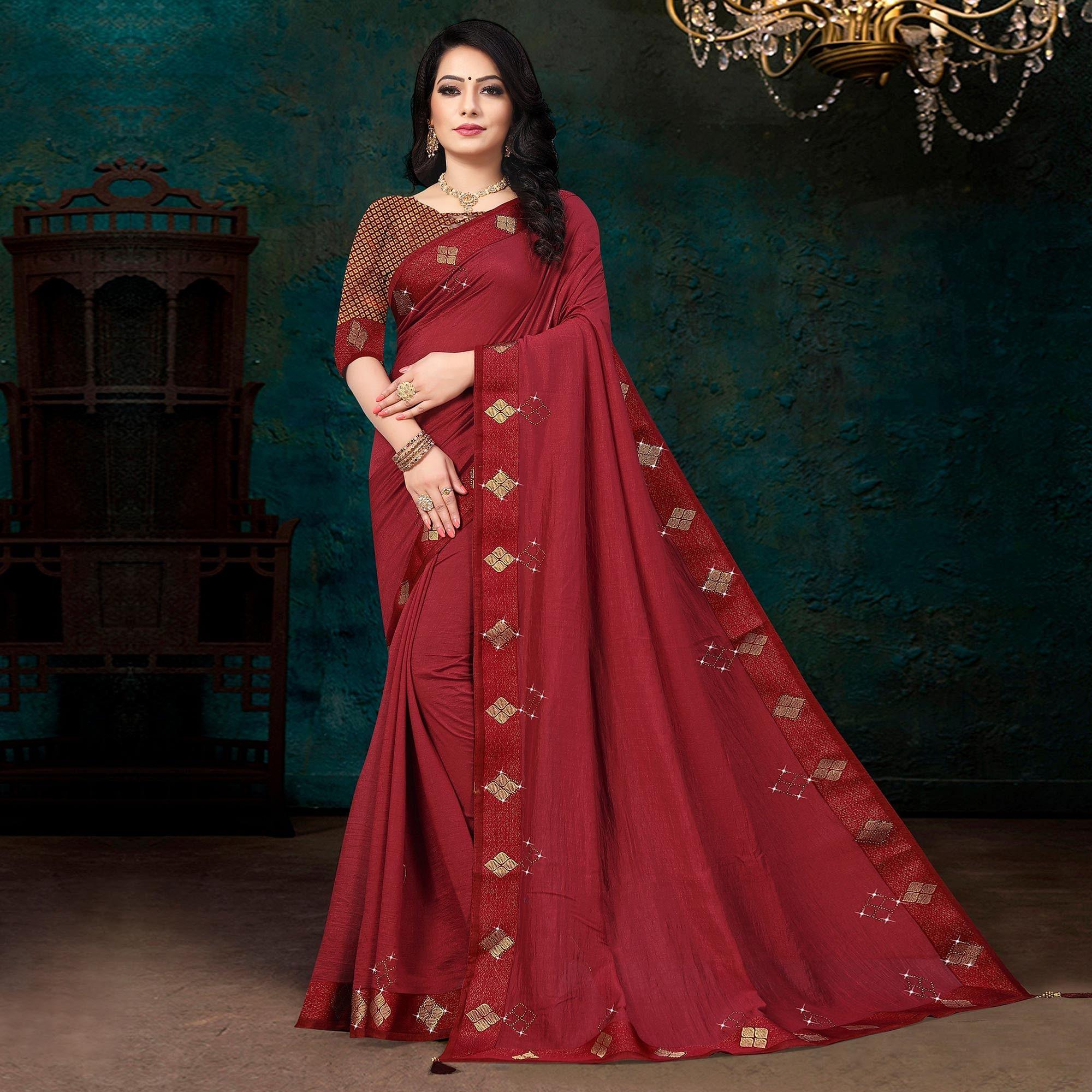Maroon Festive Wear Lace With Stone Work Silk Designer Saree - Peachmode