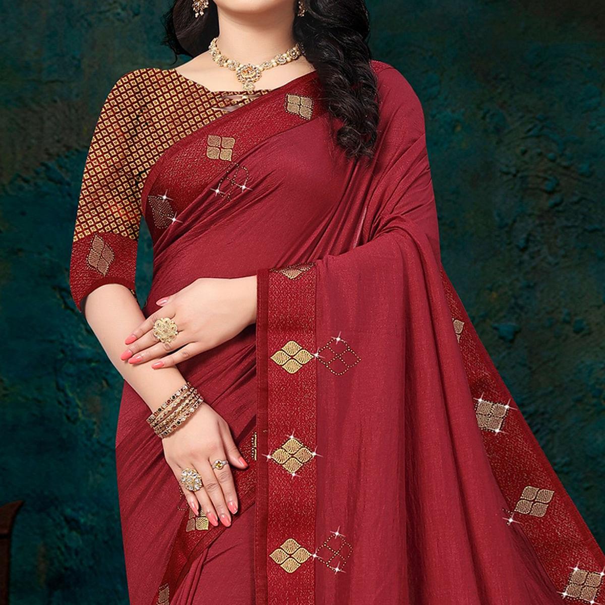 Maroon Festive Wear Lace With Stone Work Silk Designer Saree - Peachmode