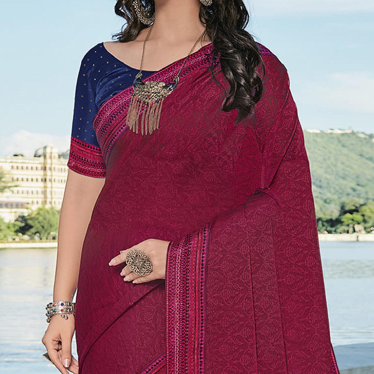 Maroon Festive Wear Printed Brasso Saree - Peachmode