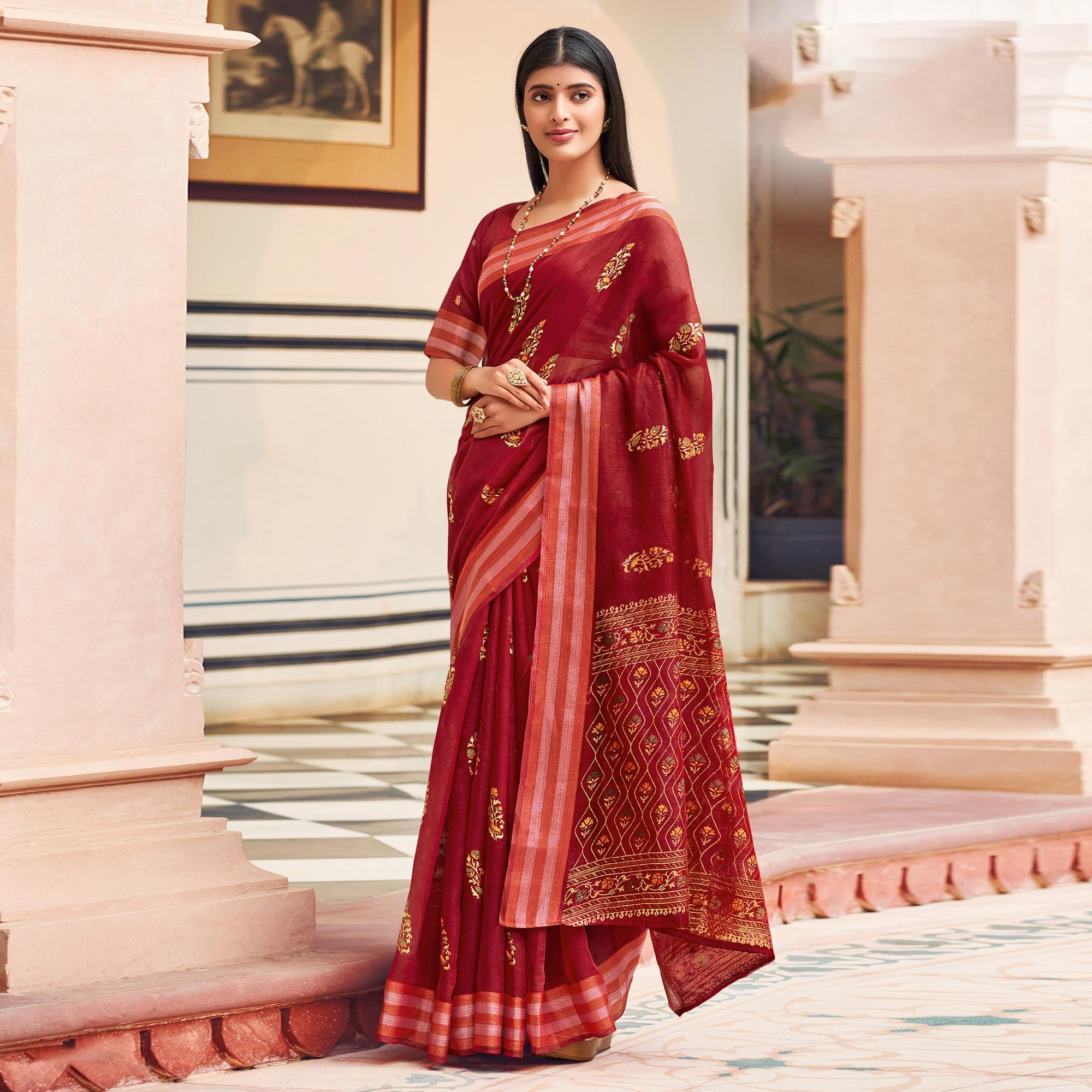 Maroon Festive Wear Printed Chanderi Silk Saree - Peachmode