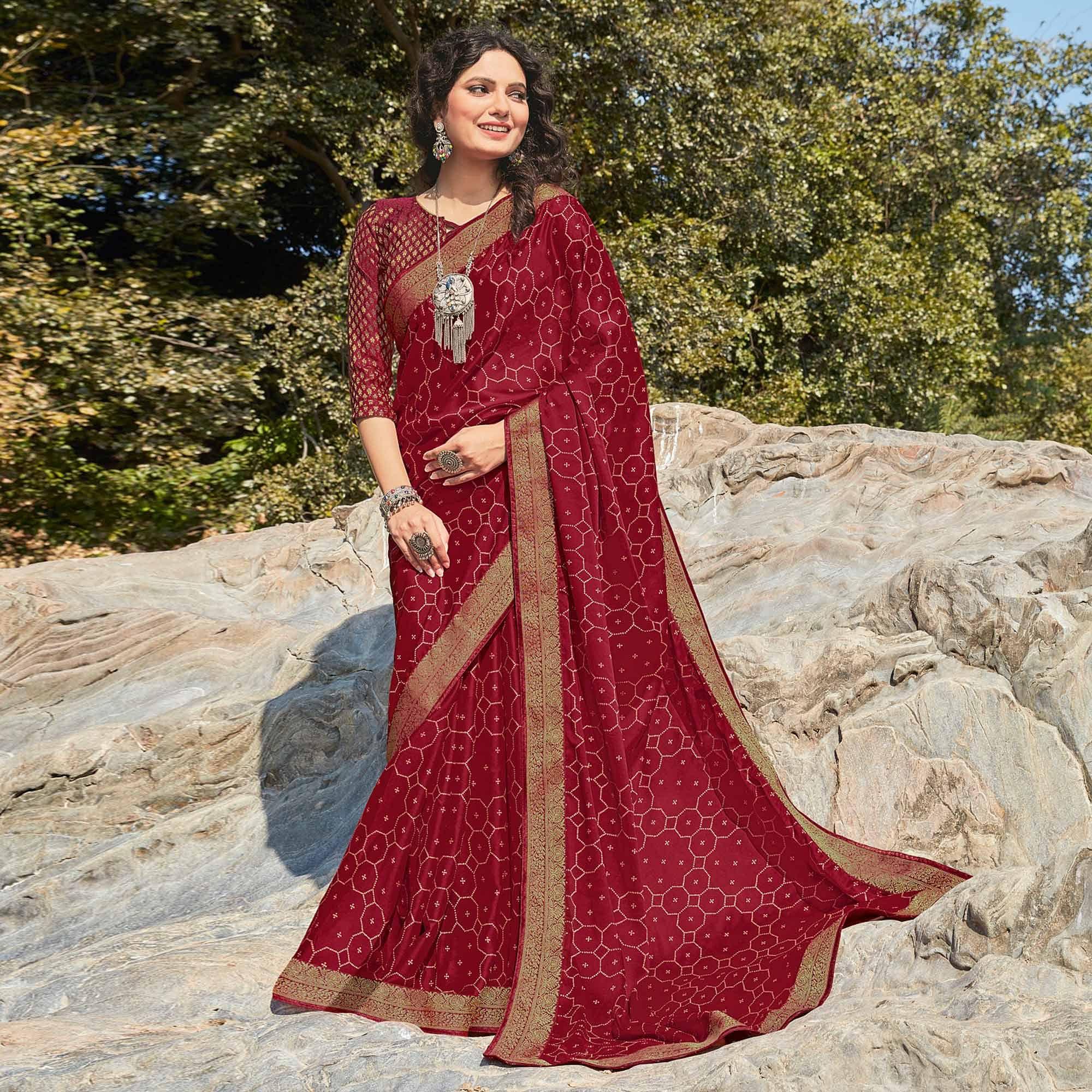 Maroon Festive Wear Printed Silk Saree - Peachmode