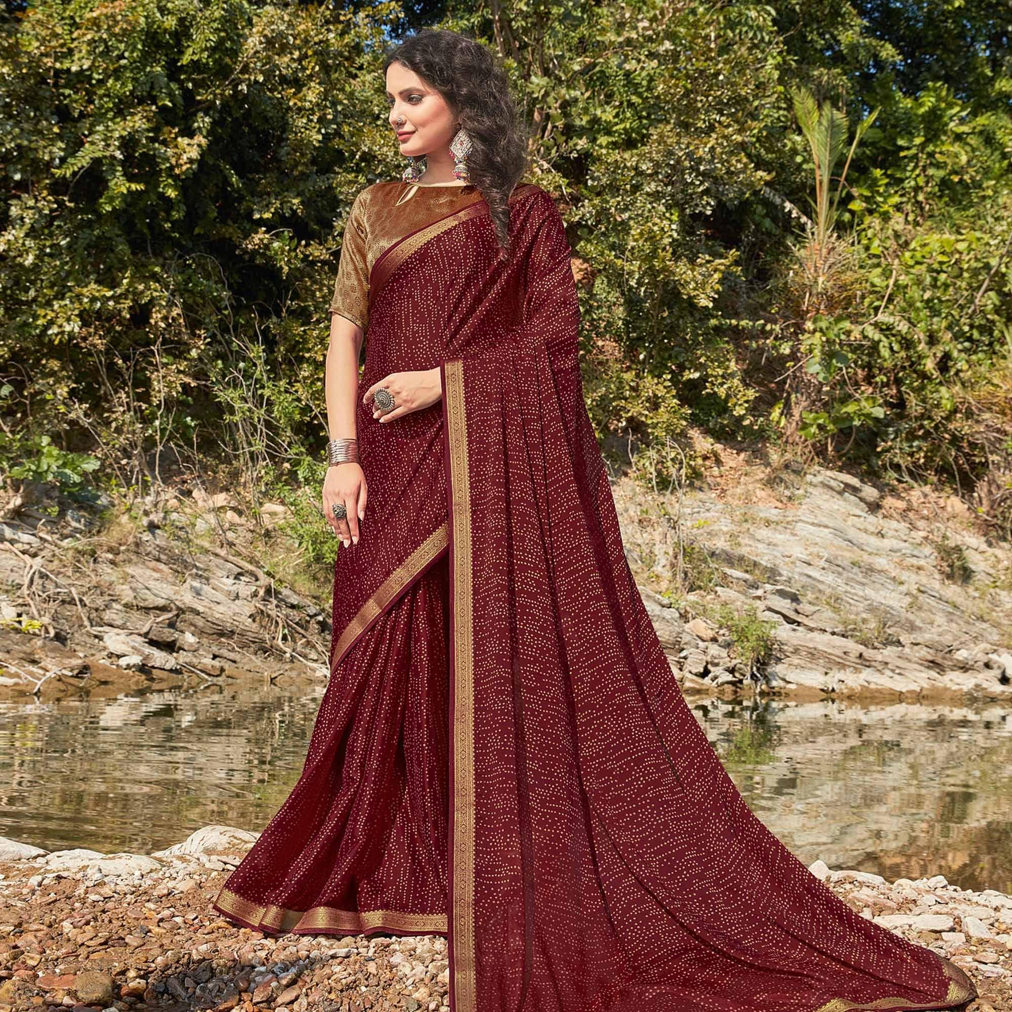 Maroon Festive Wear Printed Silk Saree - Peachmode