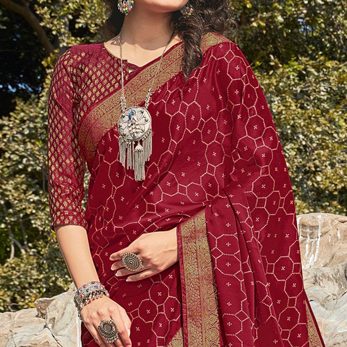 Maroon Festive Wear Printed Silk Saree - Peachmode
