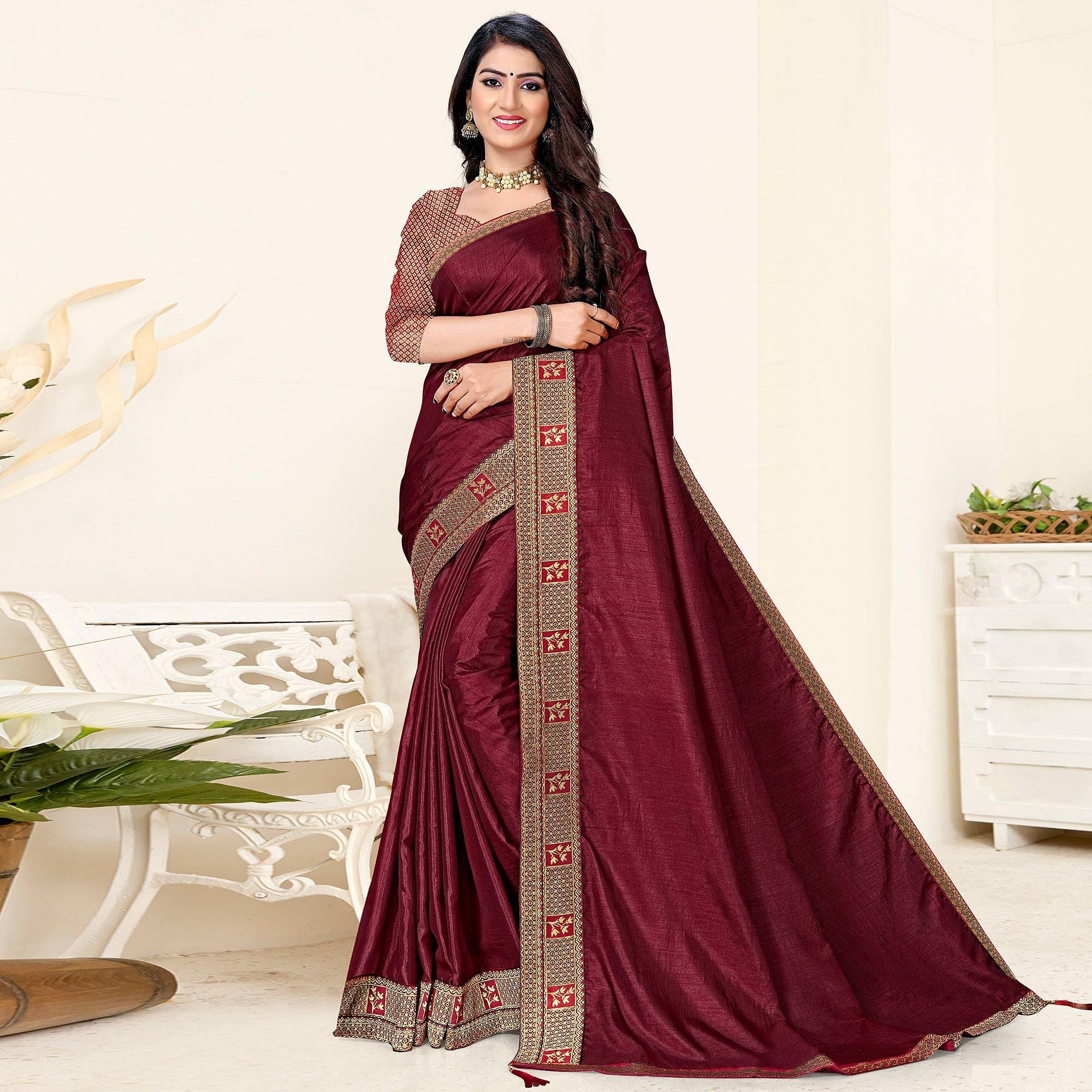 Maroon Festive Wear Solid Art Silk Saree - Peachmode