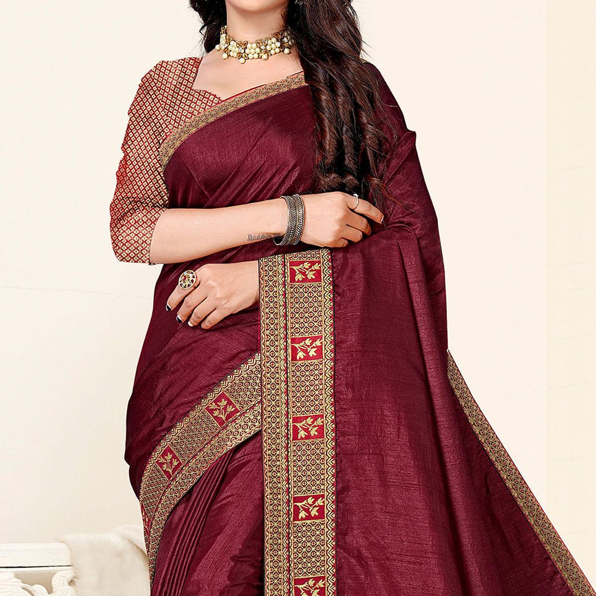 Maroon Festive Wear Solid Art Silk Saree - Peachmode