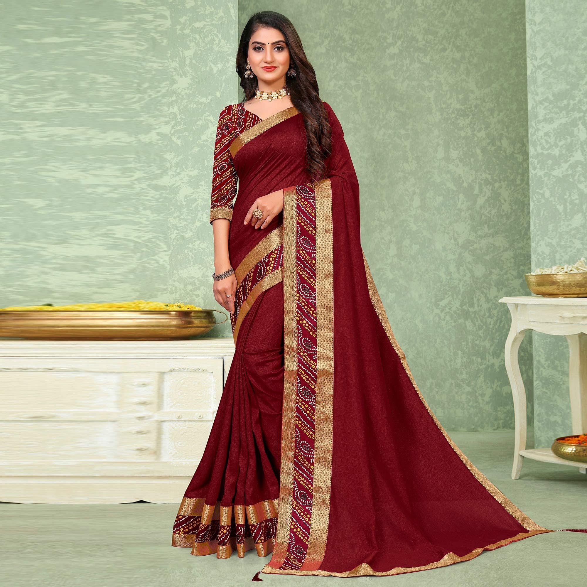 Maroon Festive Wear Solid Vichitra Silk Saree - Peachmode