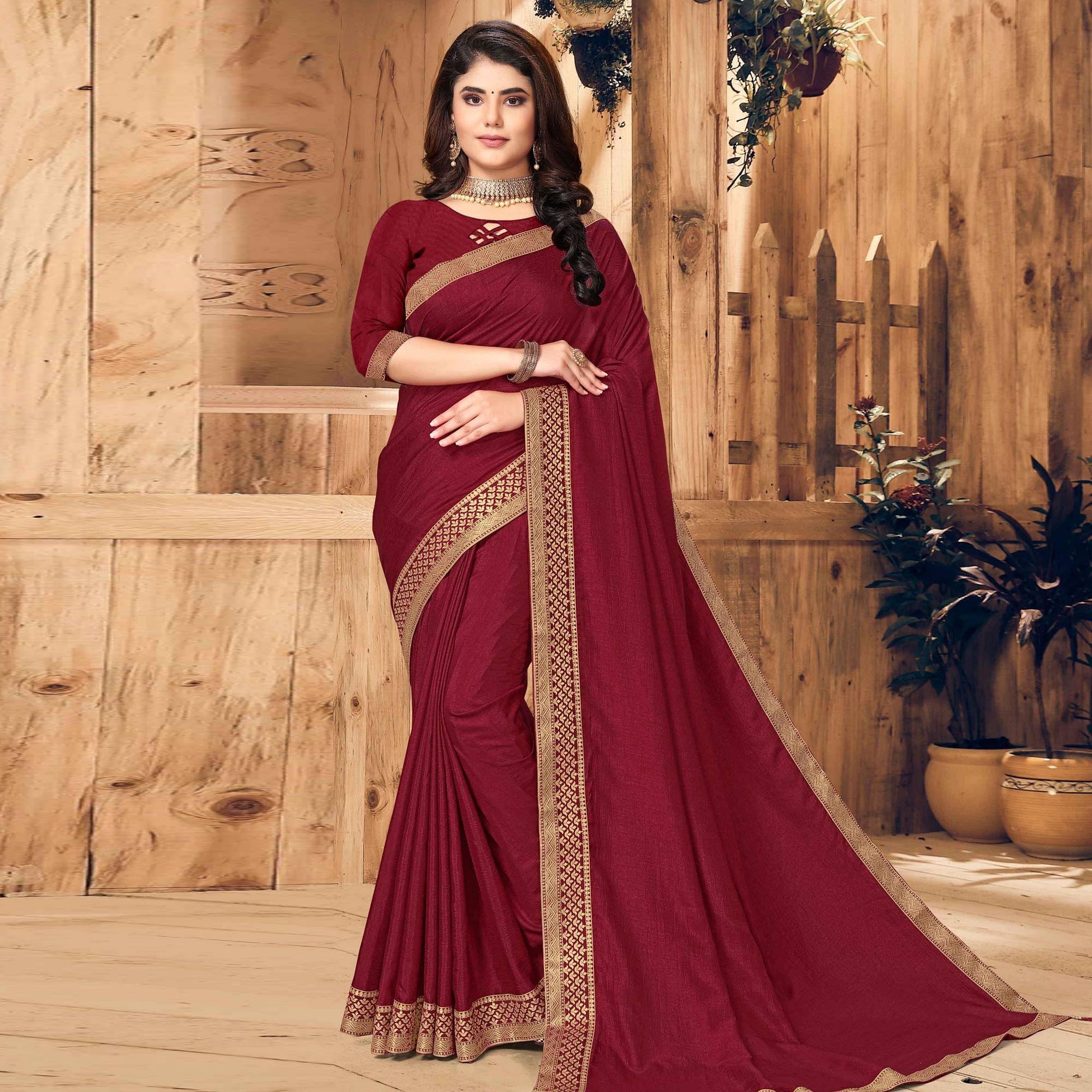 Maroon Festive Wear Solid Vichitra Silk Saree - Peachmode