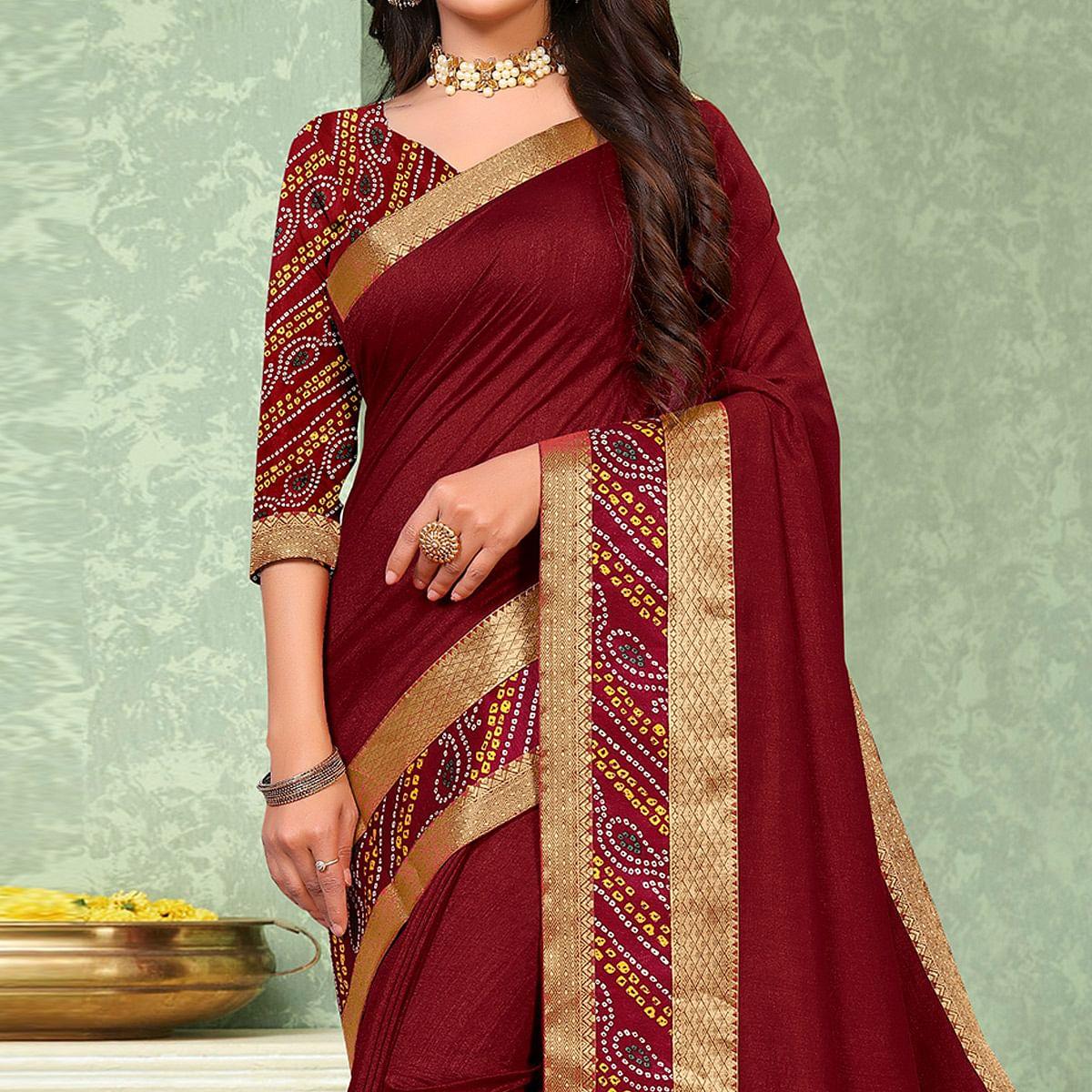 Maroon Festive Wear Solid Vichitra Silk Saree - Peachmode