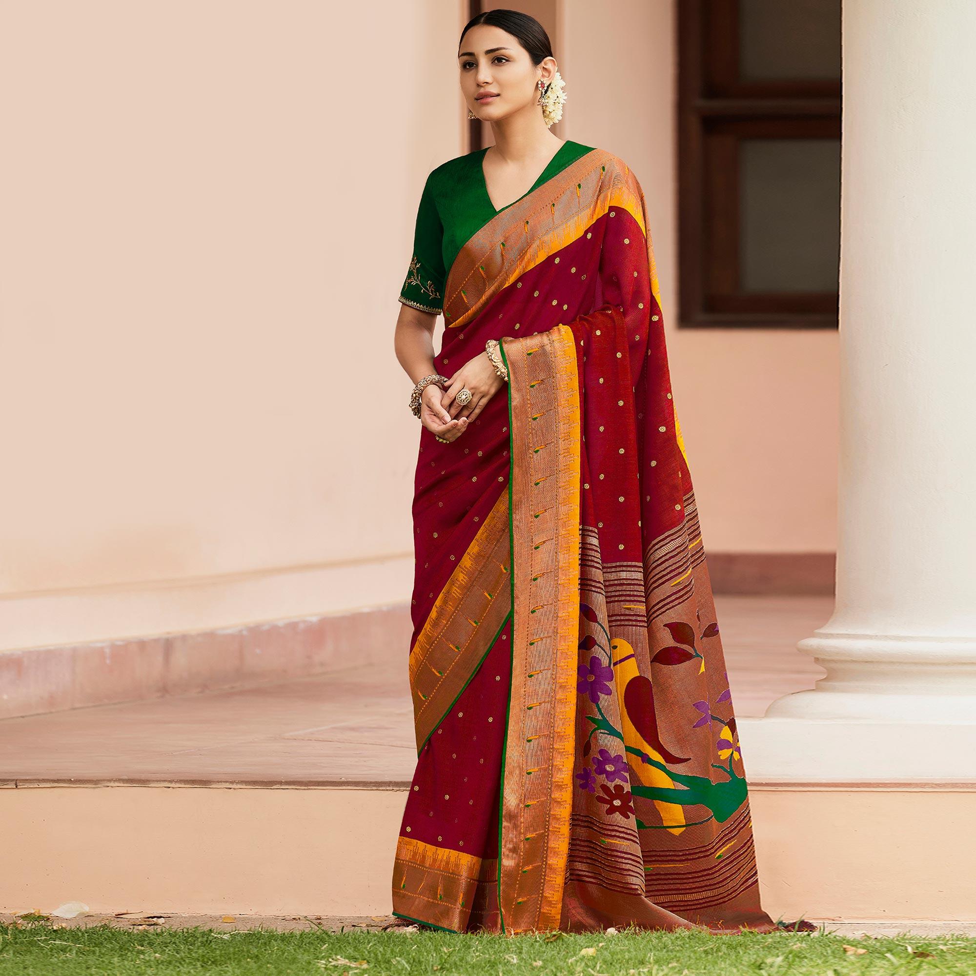 Maroon Festive Wear Woven & Printed Paithani Silk Saree - Peachmode