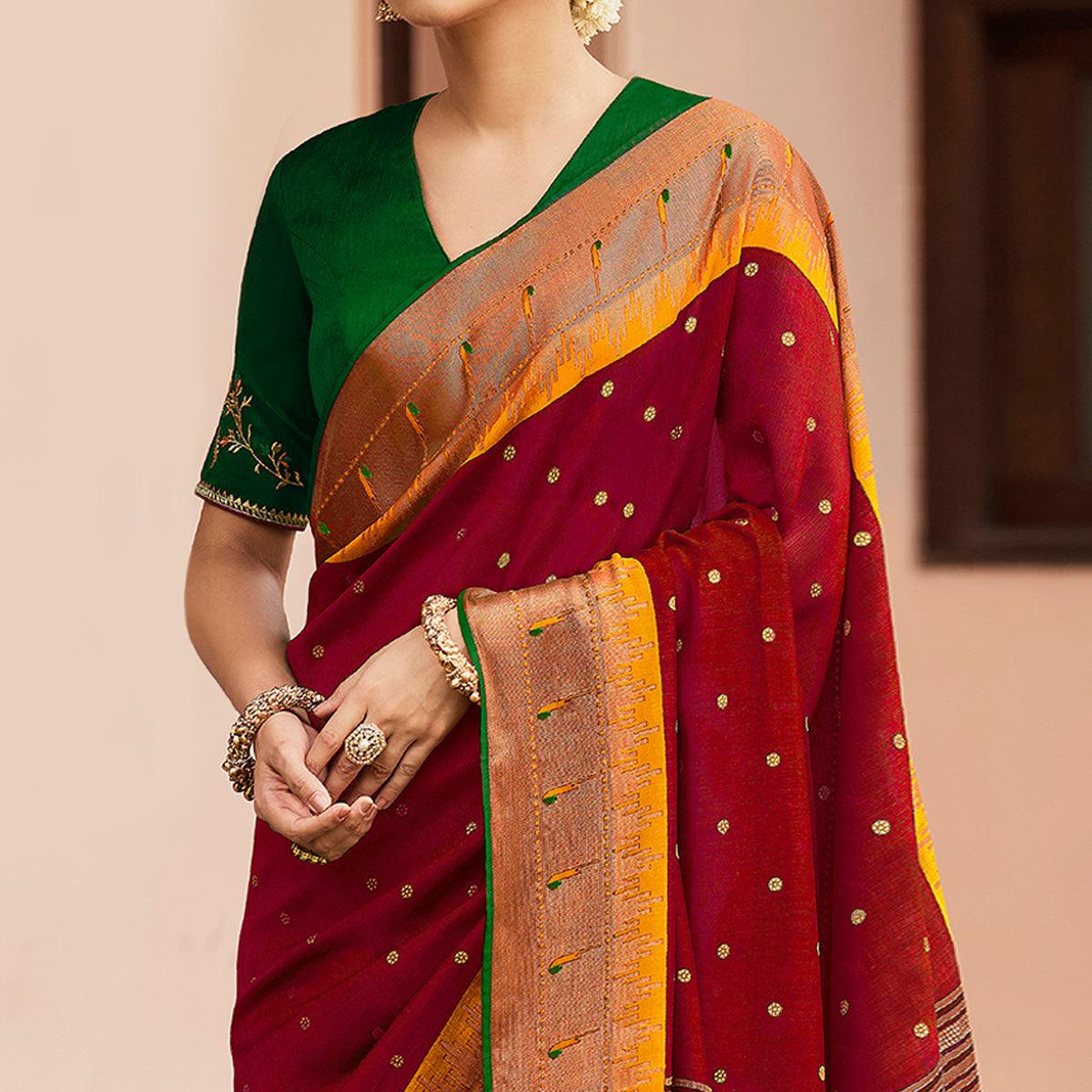 Maroon Festive Wear Woven & Printed Paithani Silk Saree - Peachmode