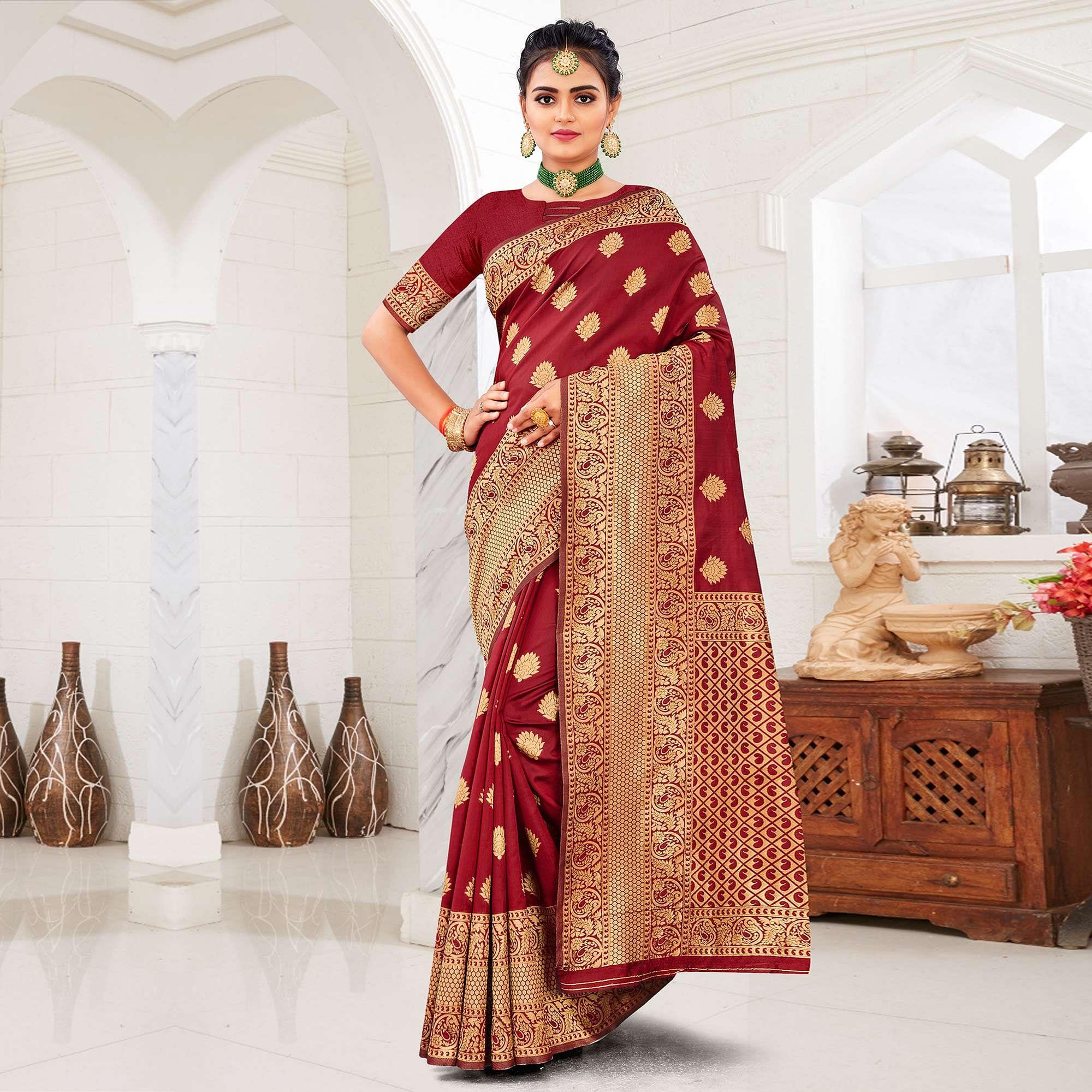 Maroon Festive Wear Woven Art Silk Saree - Peachmode