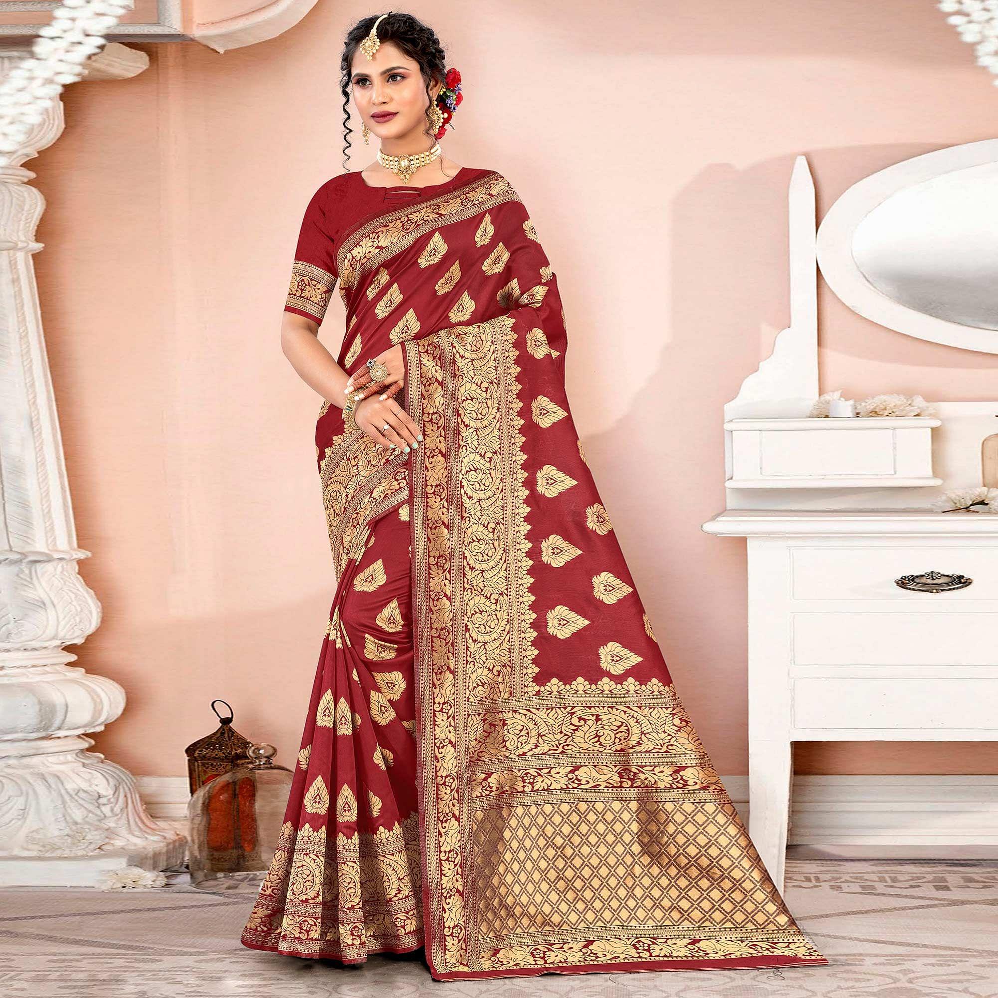 Maroon Festive Wear Woven Art Silk Saree - Peachmode