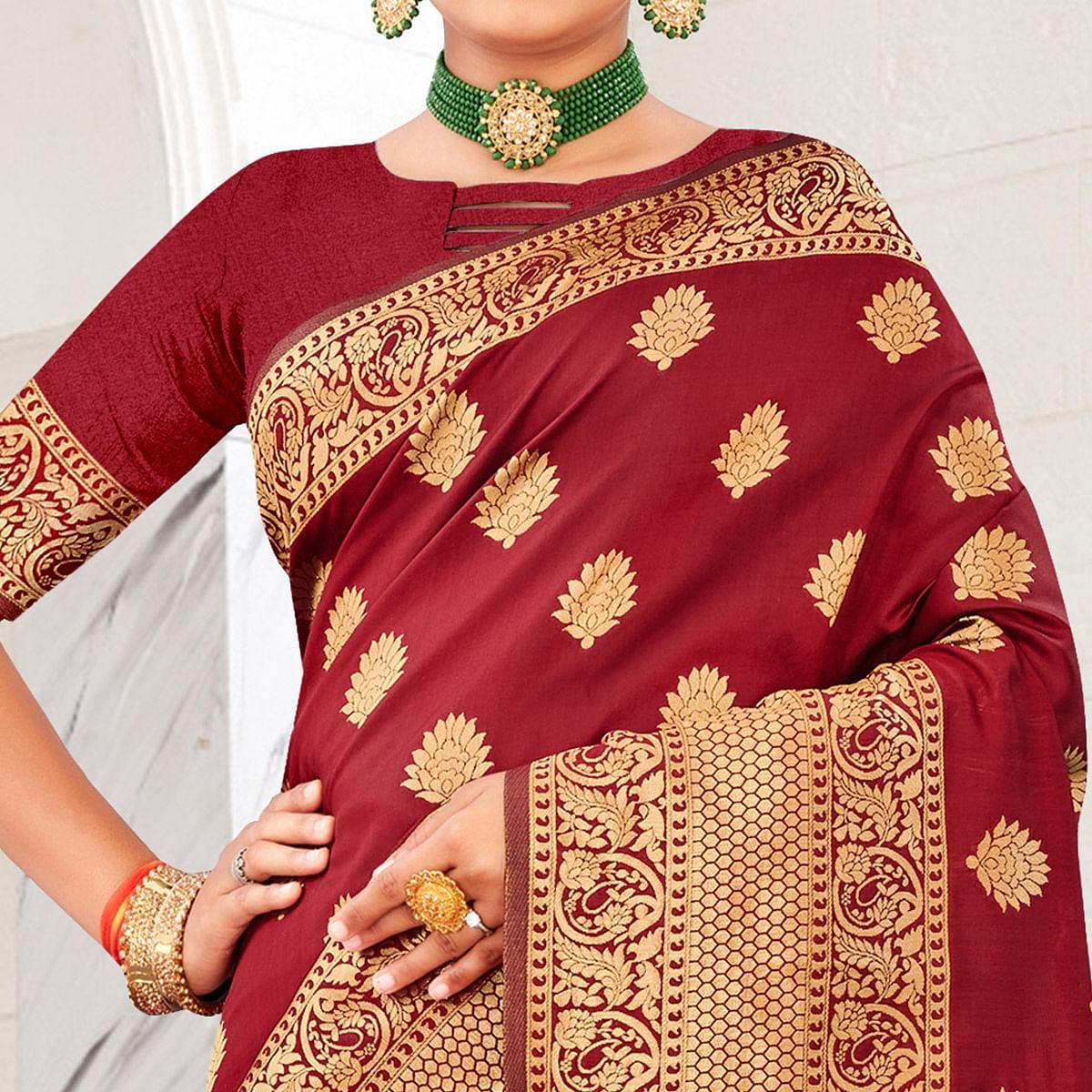Maroon Festive Wear Woven Art Silk Saree - Peachmode
