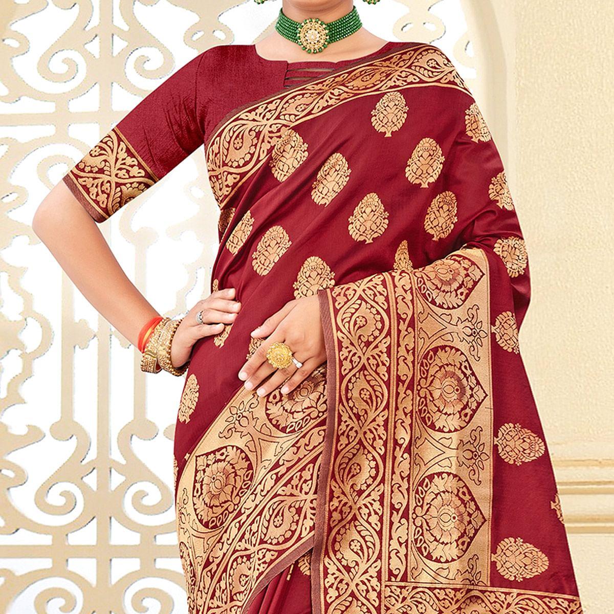 Maroon Festive Wear Woven Art Silk Saree - Peachmode