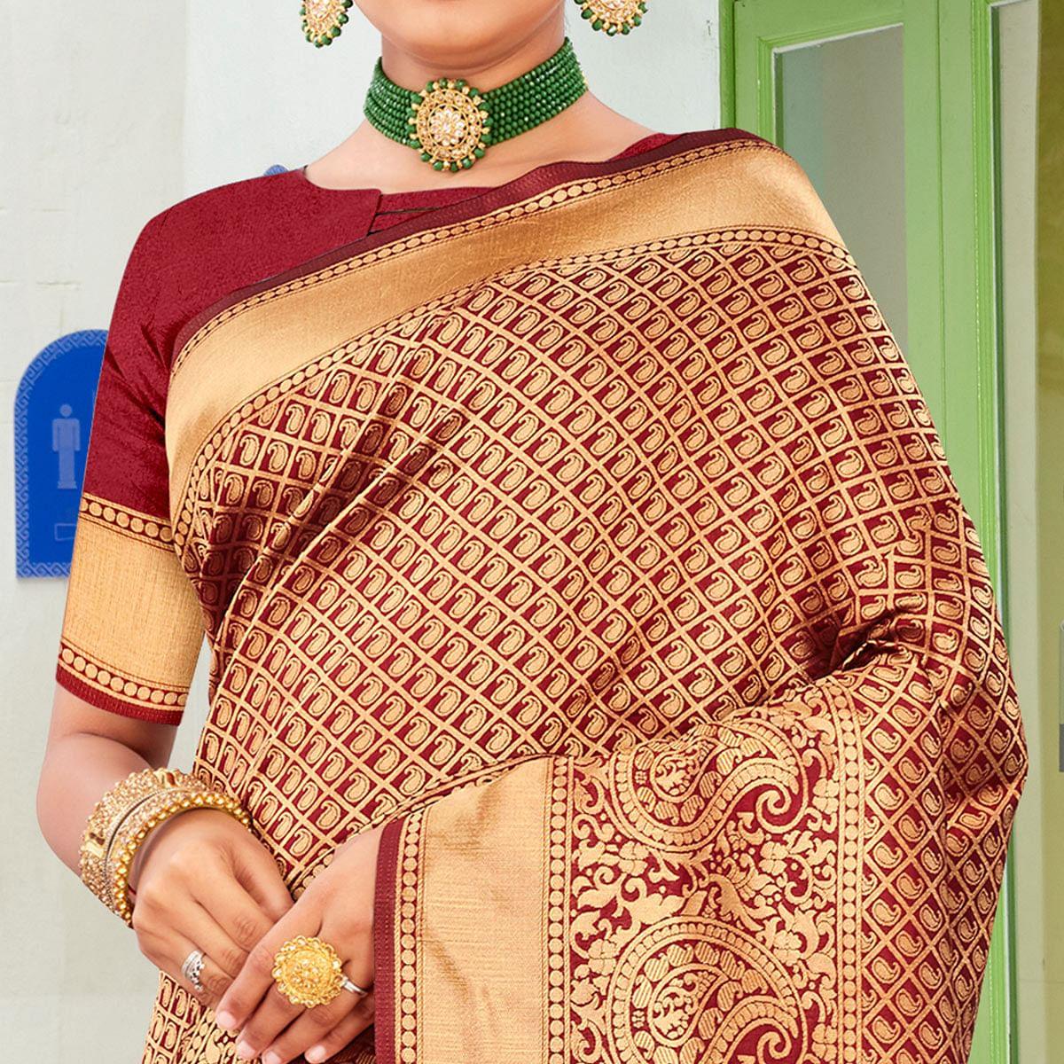 Maroon Festive Wear Woven Art Silk Saree - Peachmode