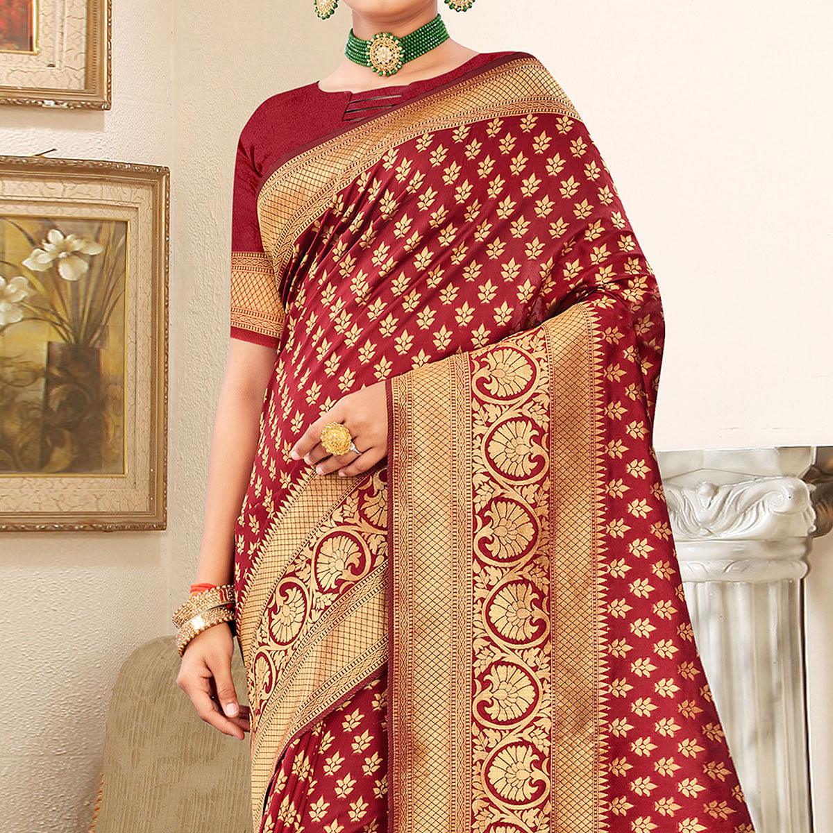 Maroon Festive Wear Woven Art Silk Saree - Peachmode