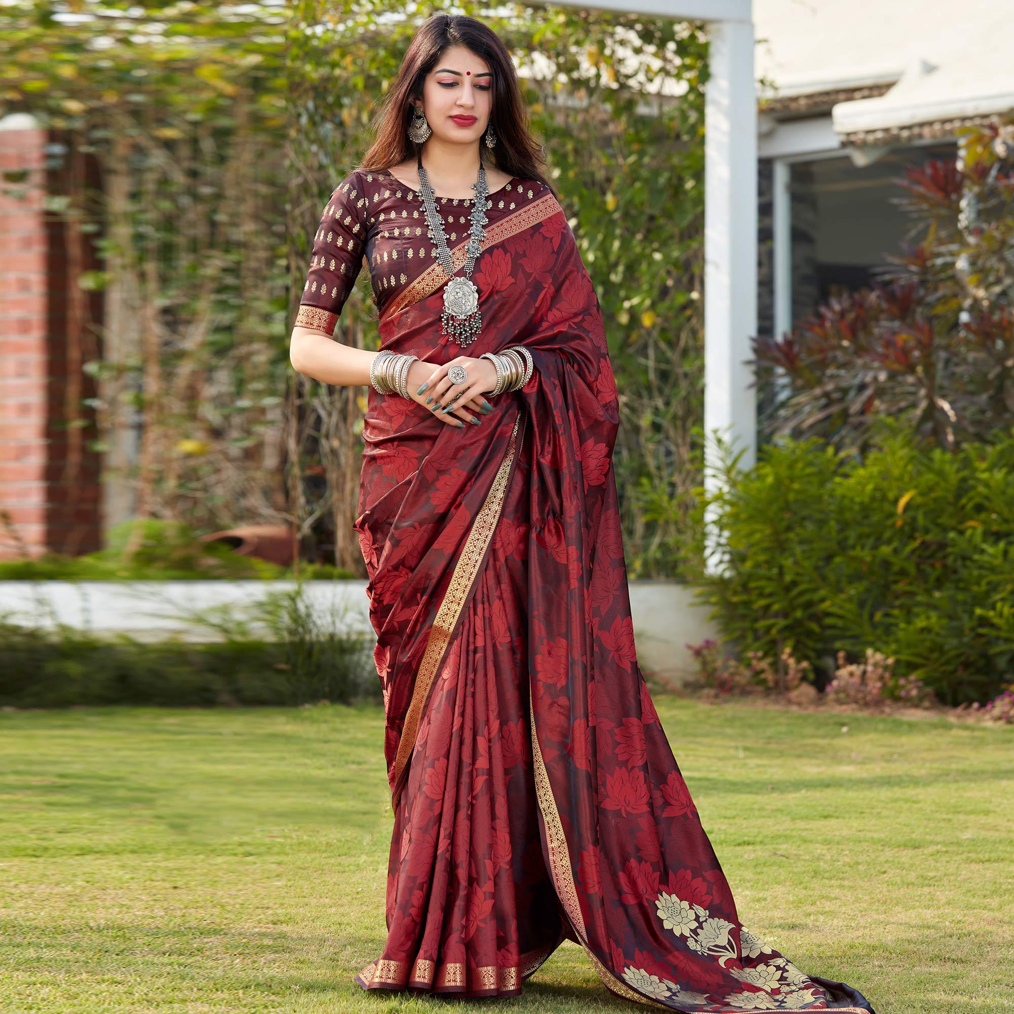 Maroon Festive Wear Woven Banarasi Satin Saree - Peachmode