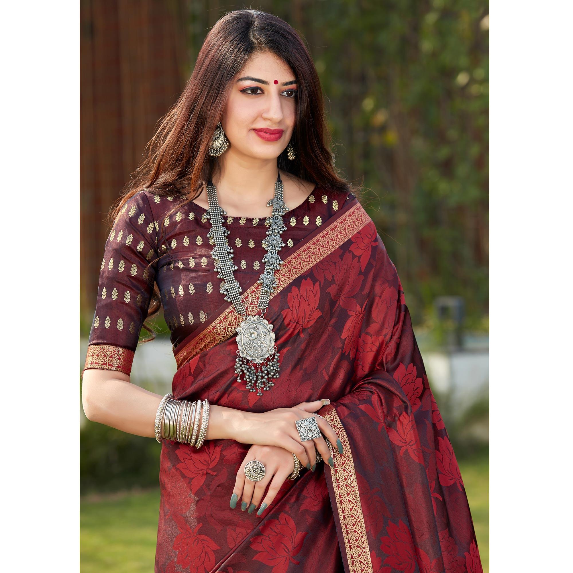 Maroon Festive Wear Woven Banarasi Satin Saree - Peachmode