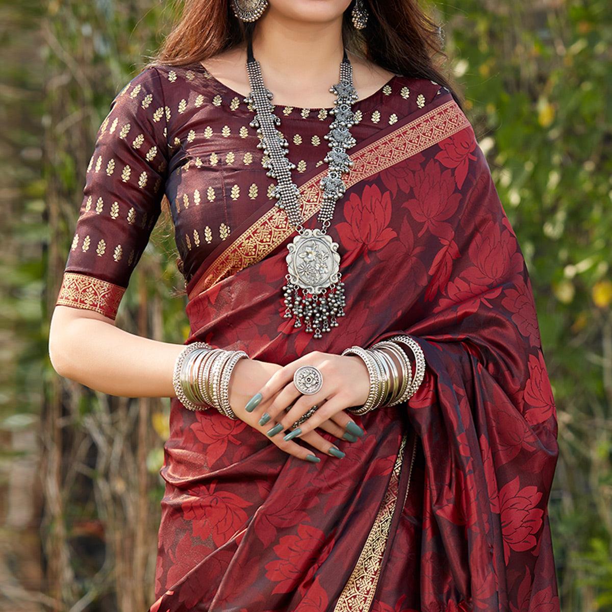 Maroon Festive Wear Woven Banarasi Satin Saree - Peachmode
