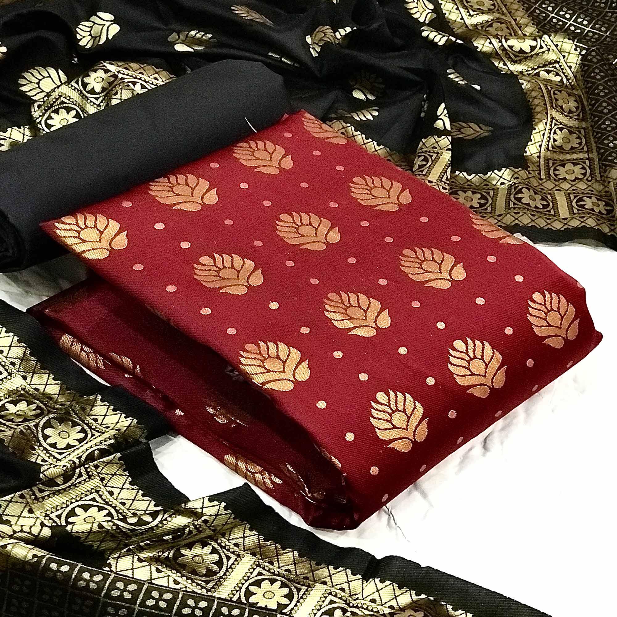 Maroon Festive Wear Woven Banarasi Silk Dress Material - Peachmode