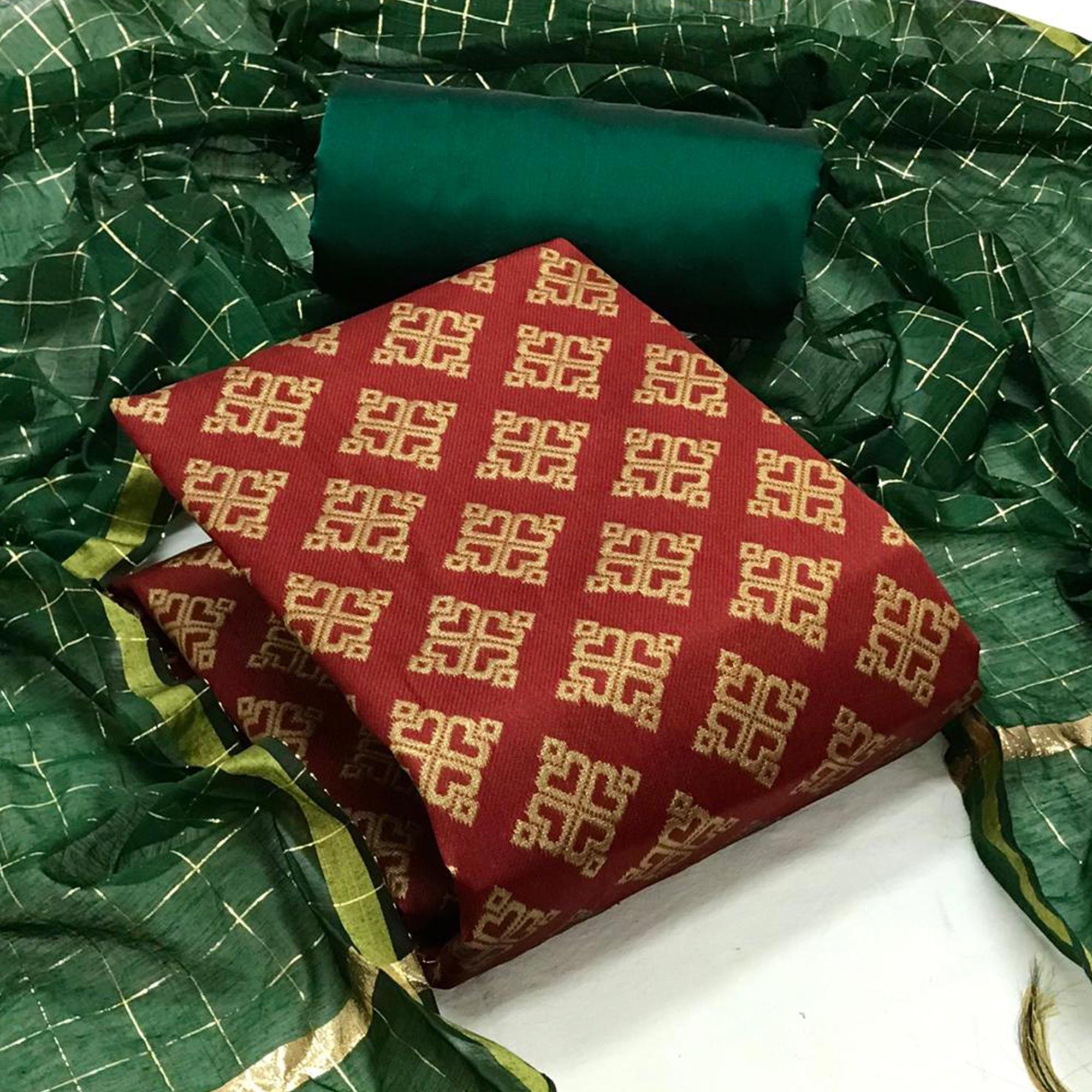 Maroon Festive Wear Woven Banarasi Silk Dress Material - Peachmode