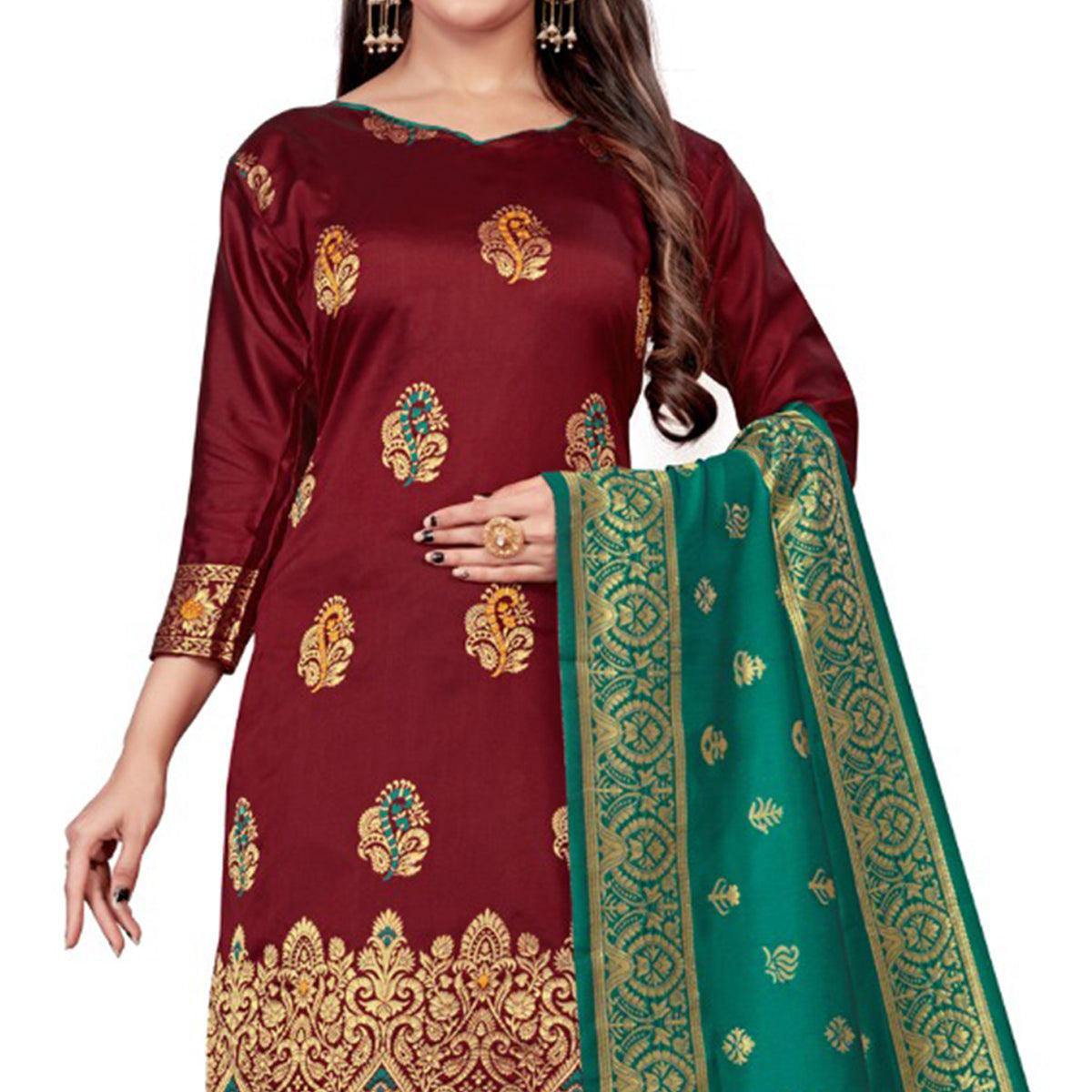 Maroon Festive Wear Woven Banarasi Silk Dress Material - Peachmode